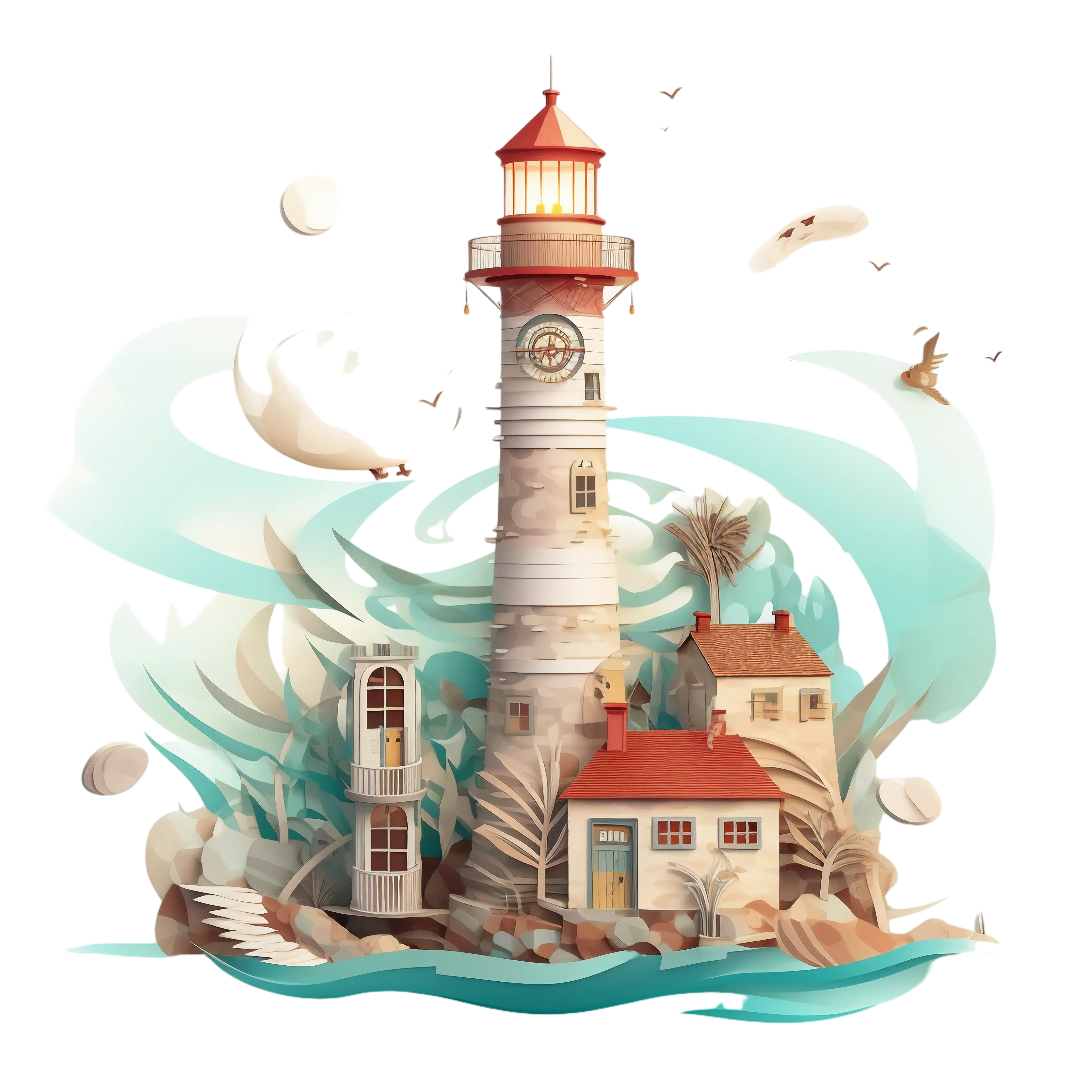 Lighthouse and Coastal Houses Illustration