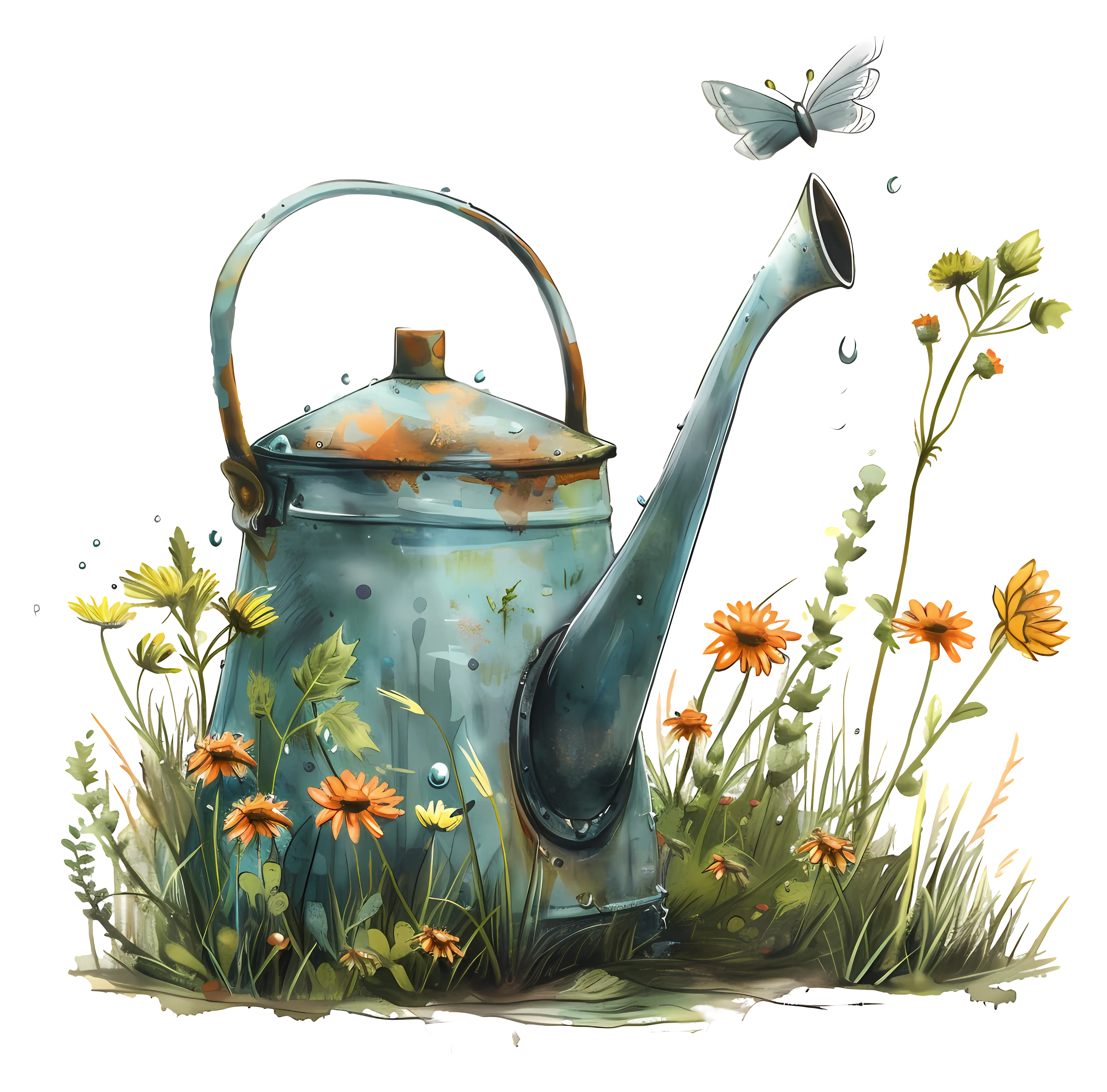 Rusty Watering Can with Flowers and Butterfly