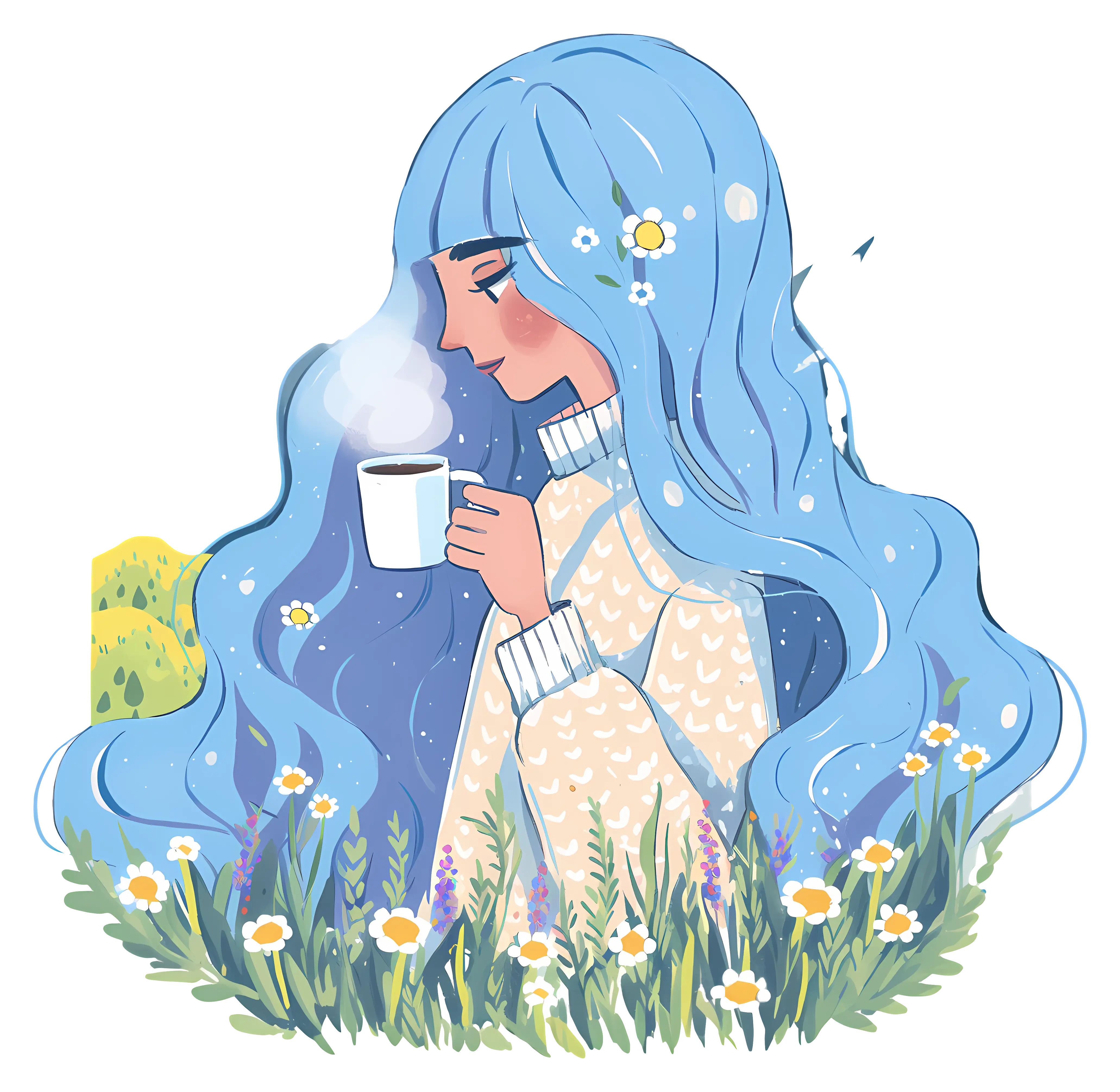 Girl with Blue Hair Holding a Cup