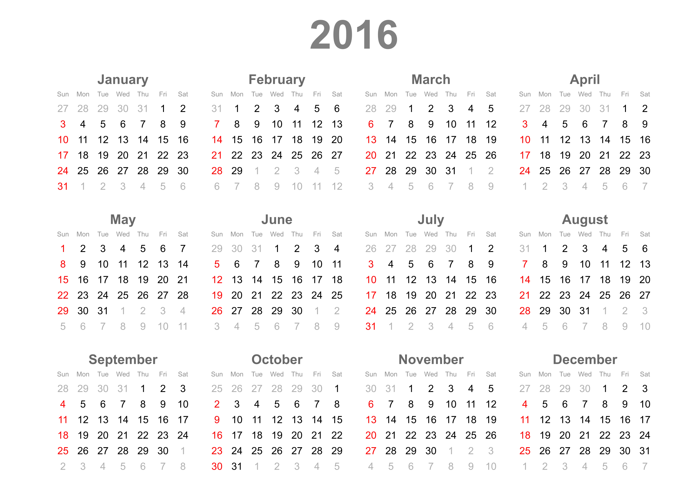 2016 Yearly Calendar Layout