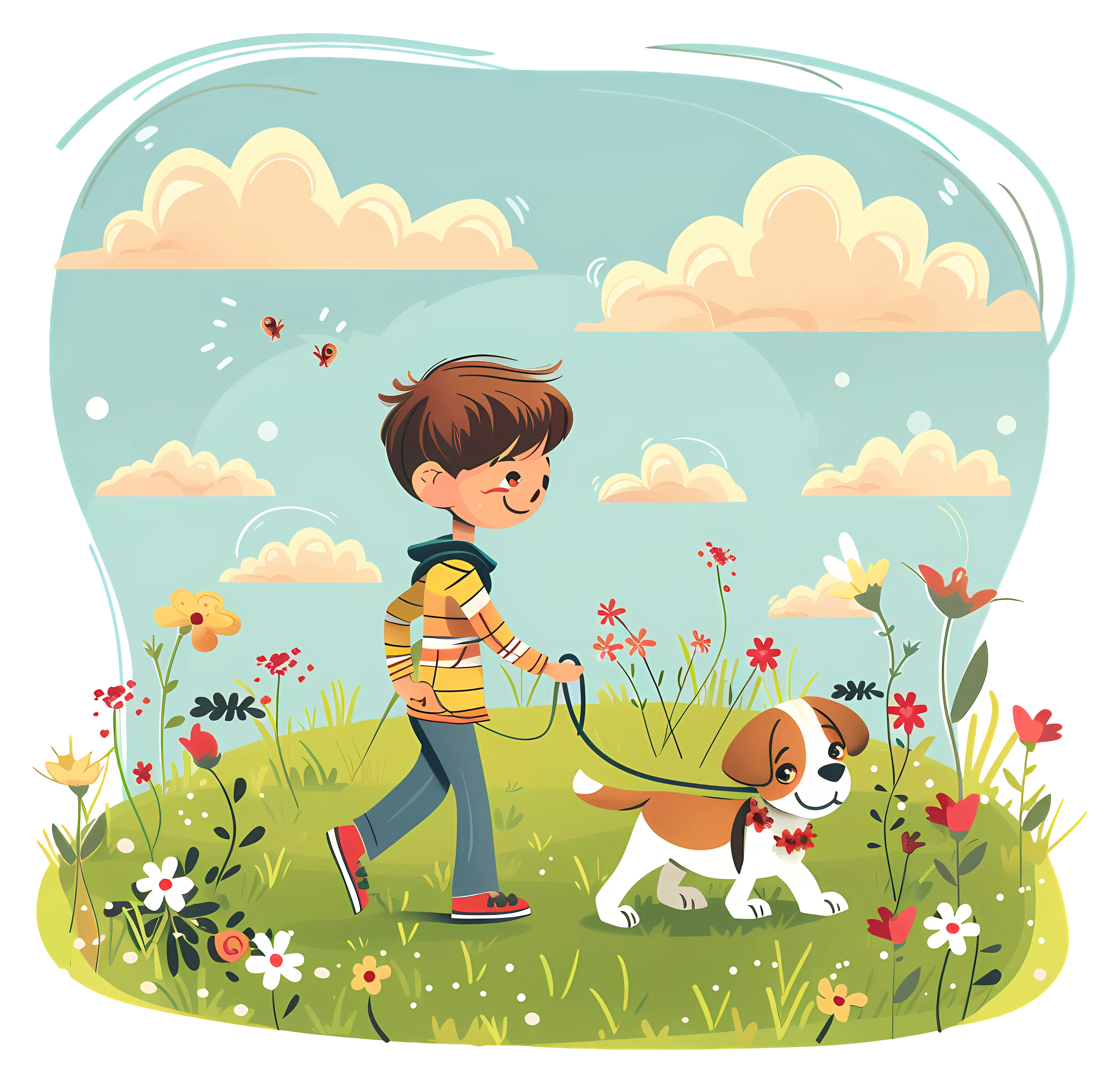 Boy Walking His Dog in a Flower Field