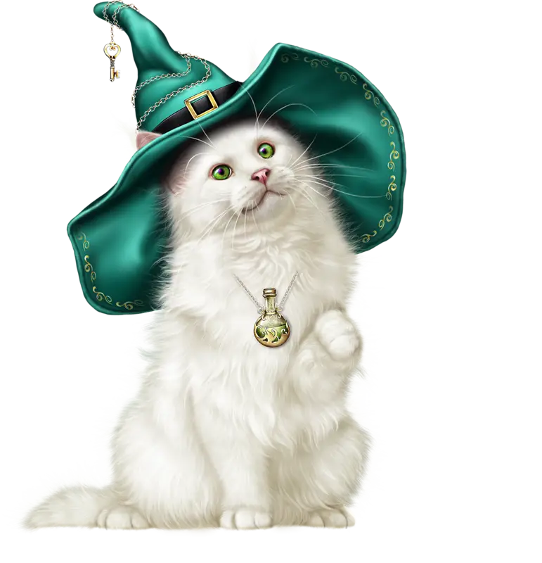 Cute White Cat Wearing a Green Witch Hat