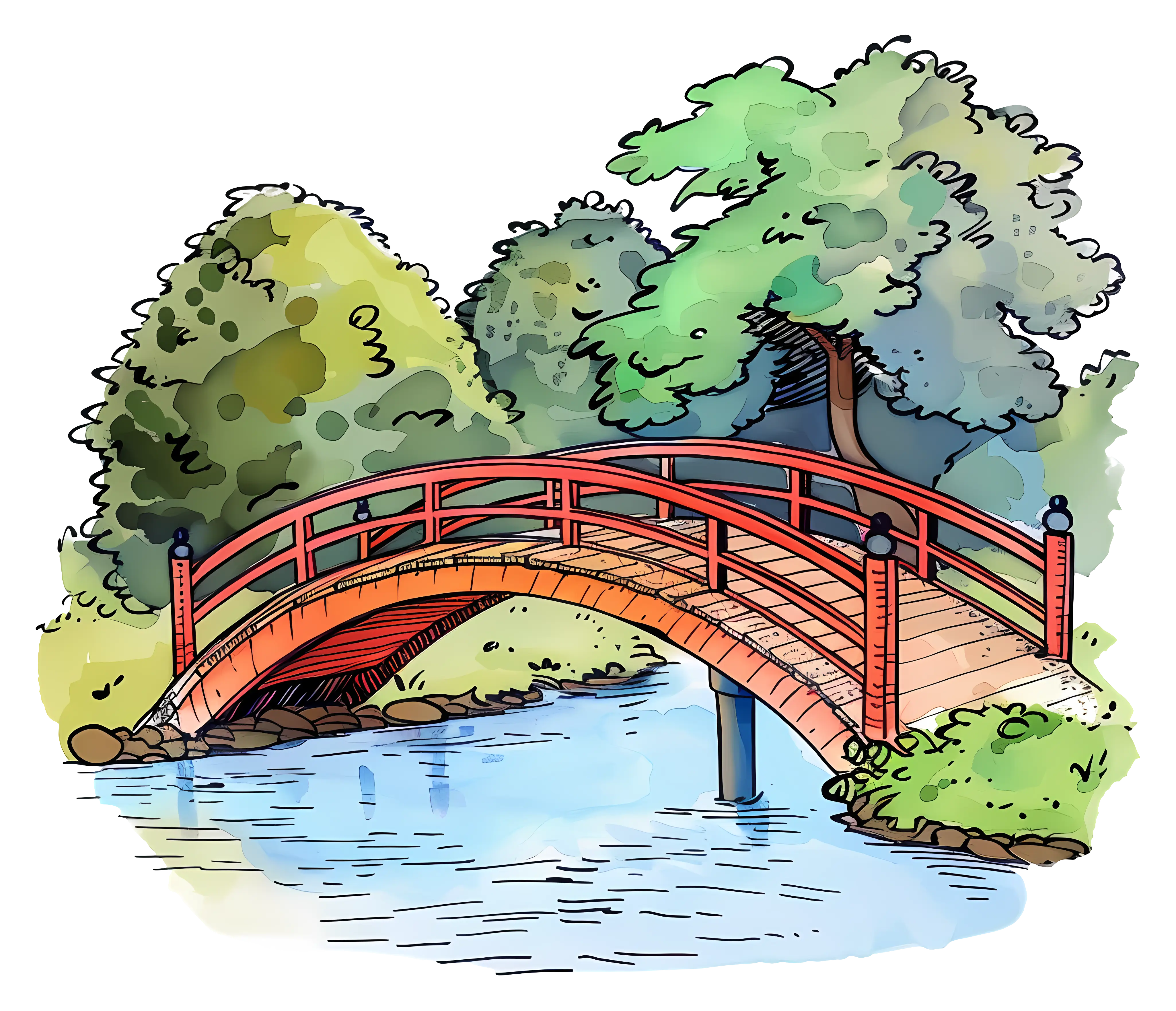 Scenic Red Bridge Over River