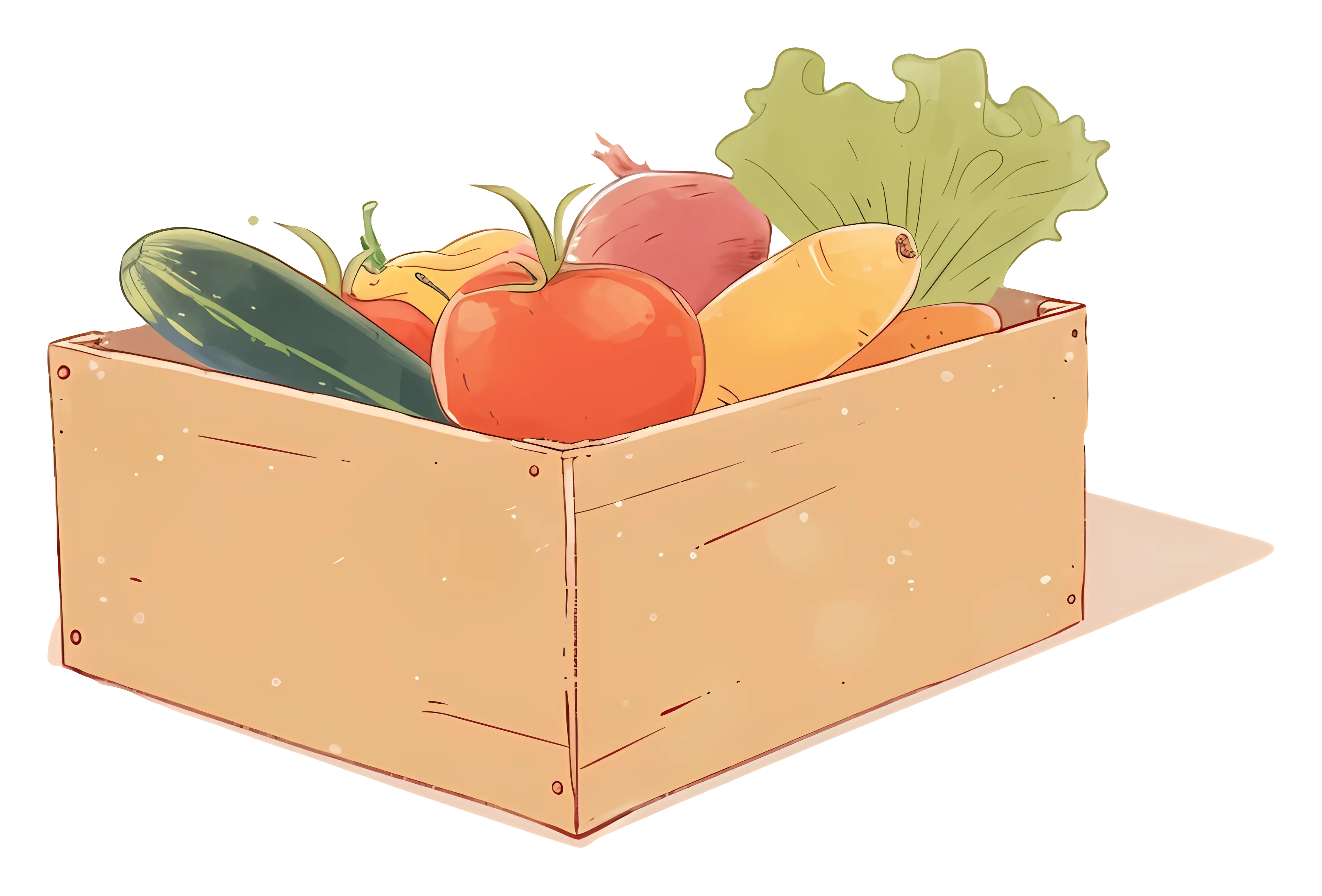 Illustration of a Wooden Crate Filled with Fresh Vegetables