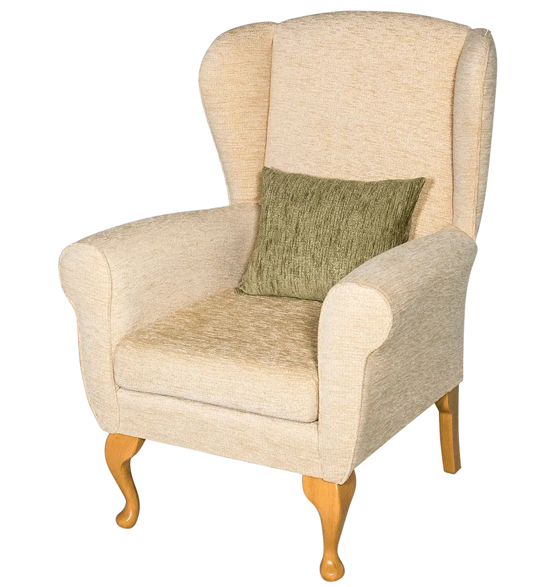 Cozy Beige Armchair with Green Pillow