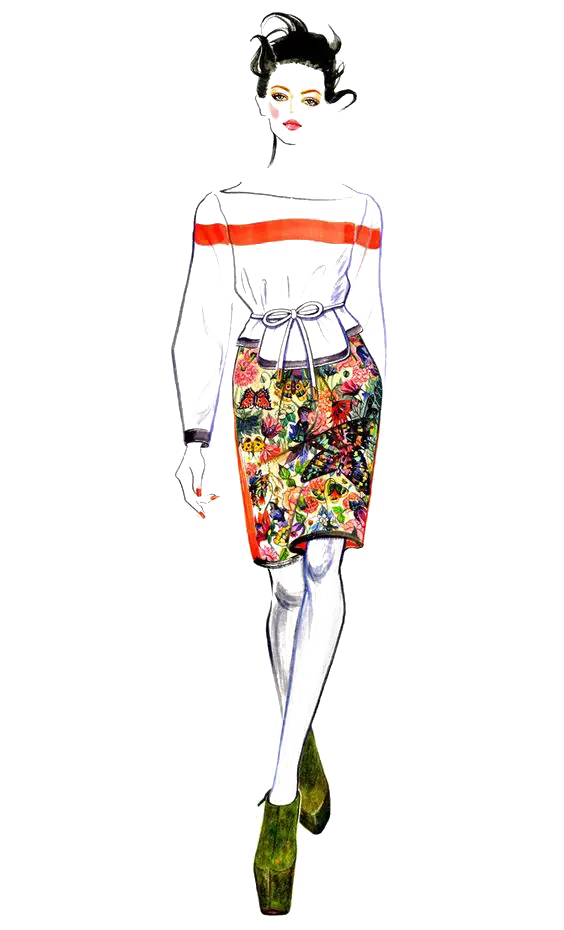 Fashion Illustration of Model in Colorful Dress