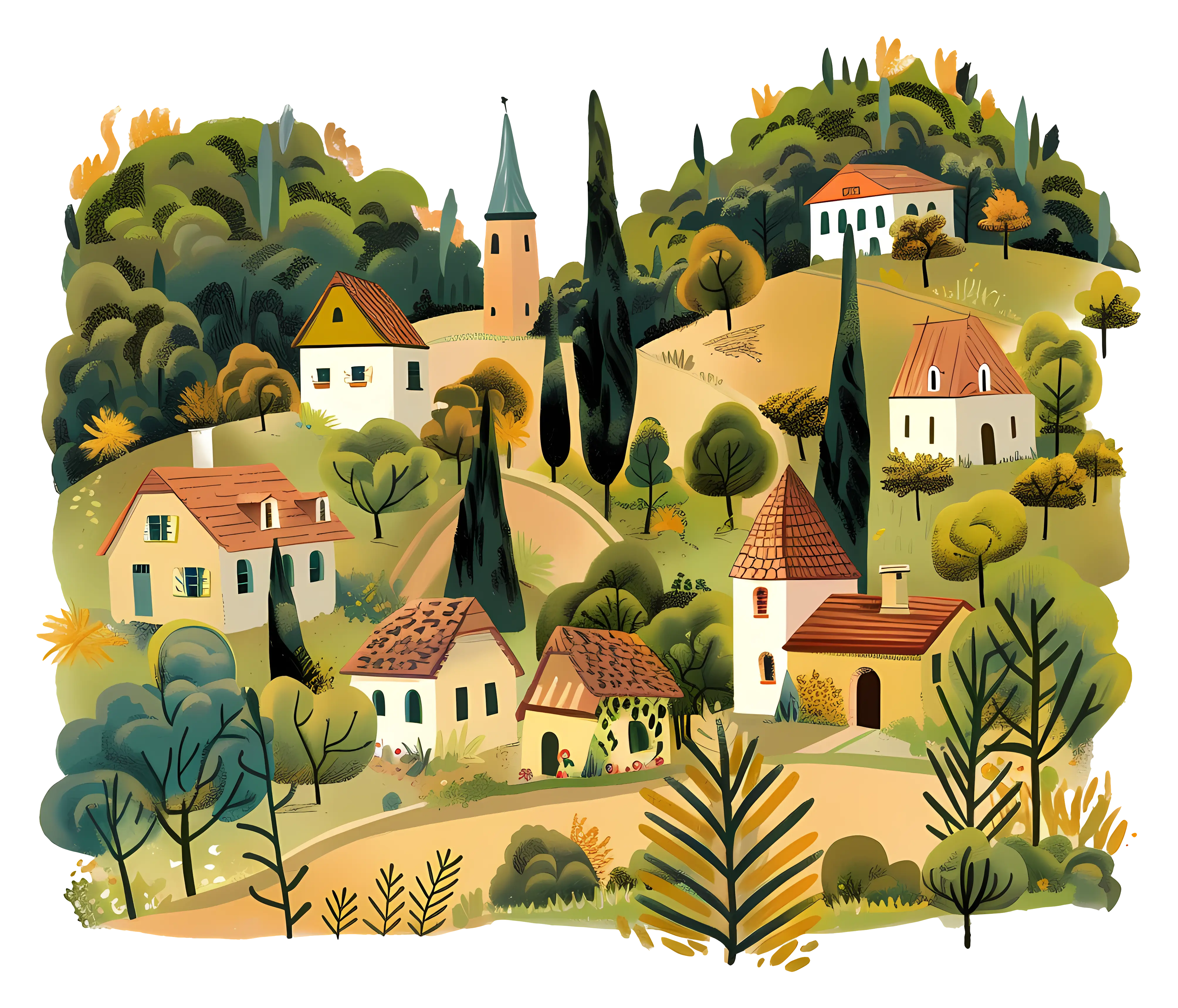 Charming Illustrated Village Landscape