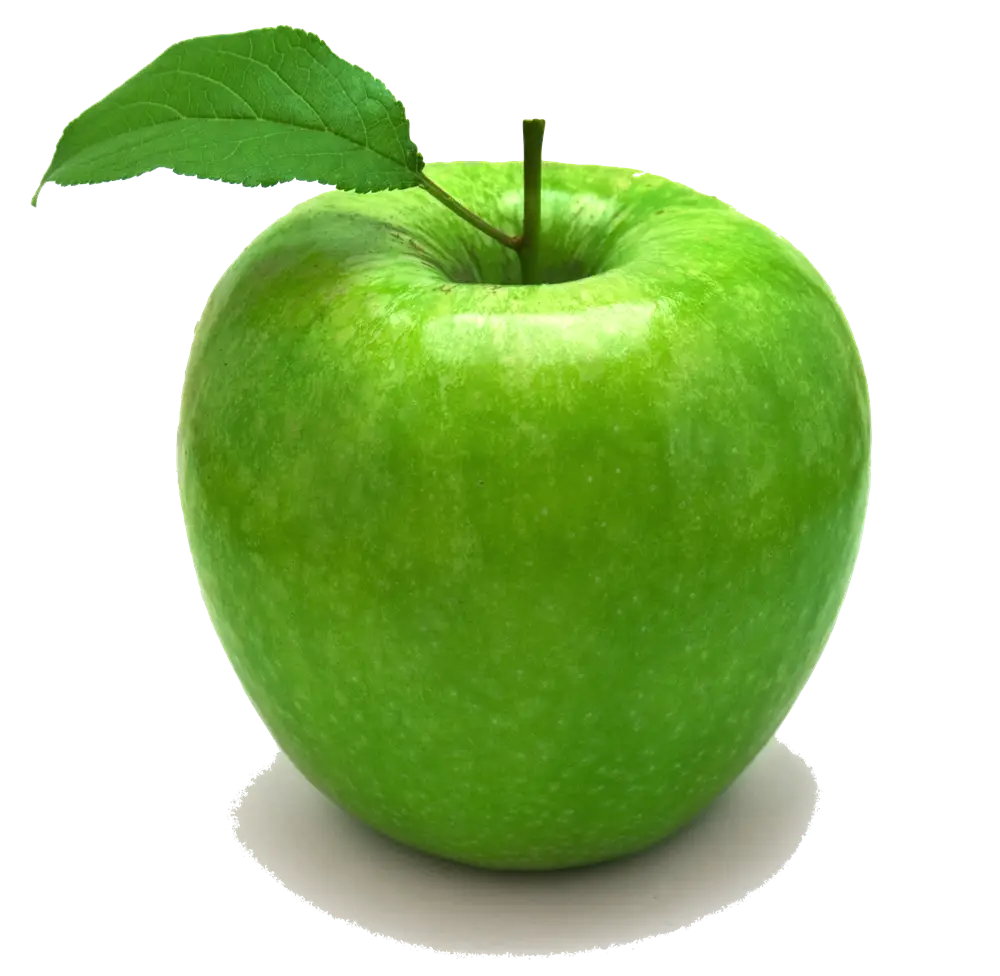 Green Apple with Stem and Leaf Detail