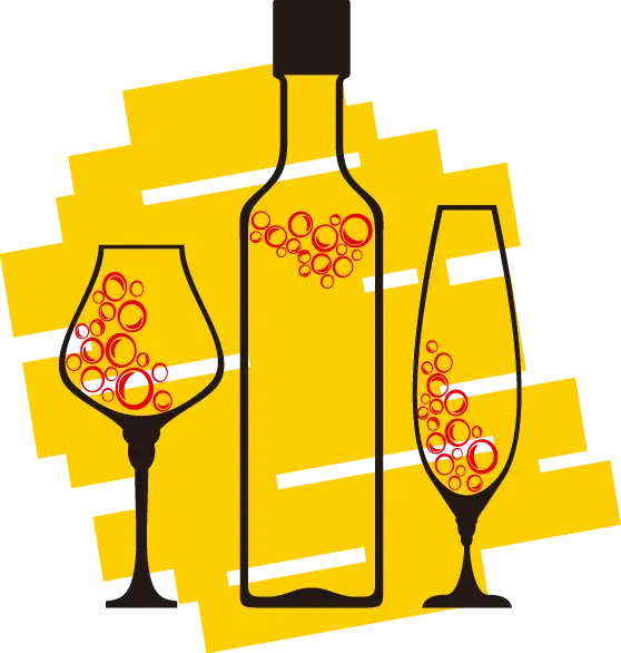 Wine Bottle and Glasses with Bubbles
