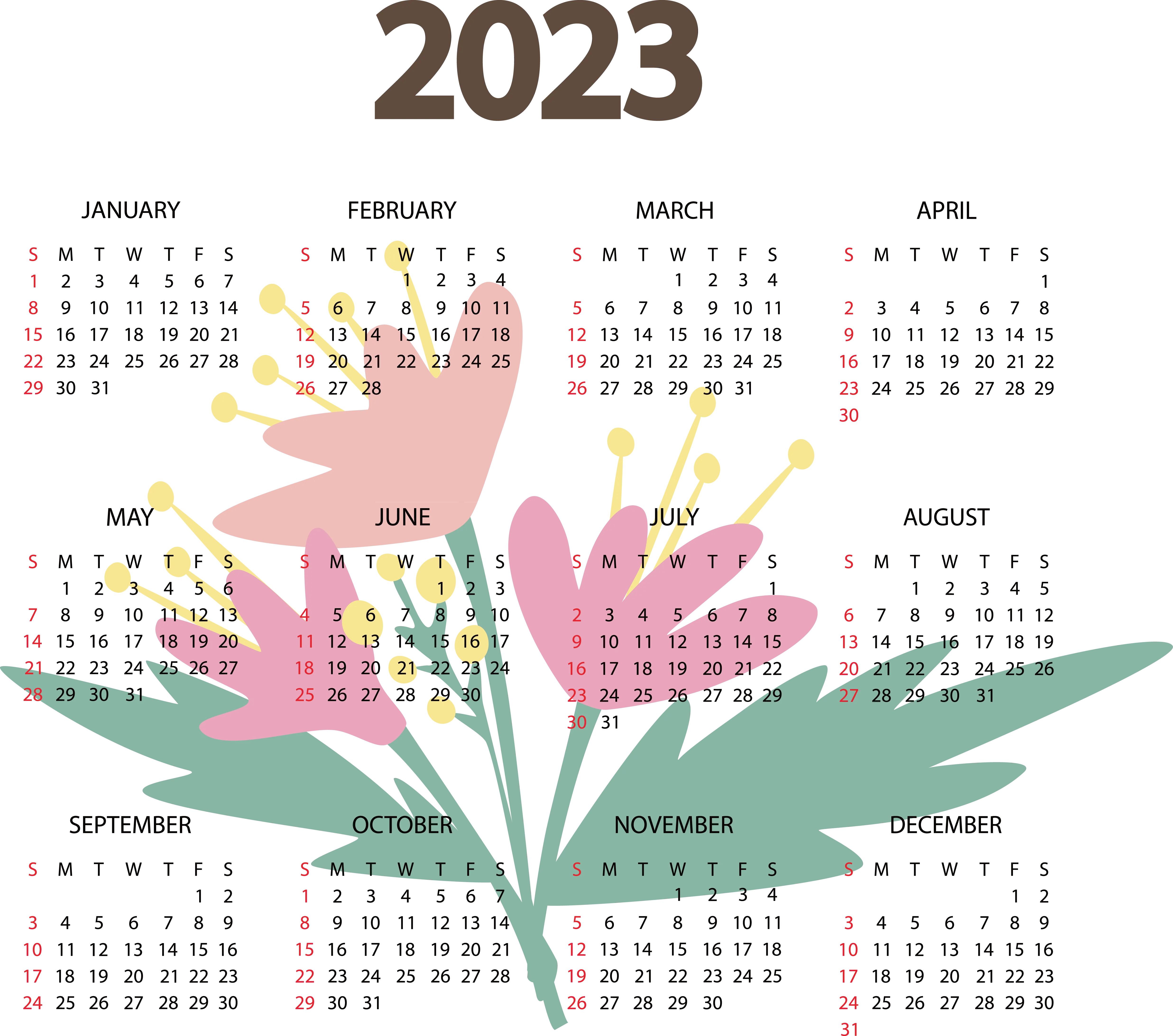 Elegant Floral Designed 2023 Full Year Calendar