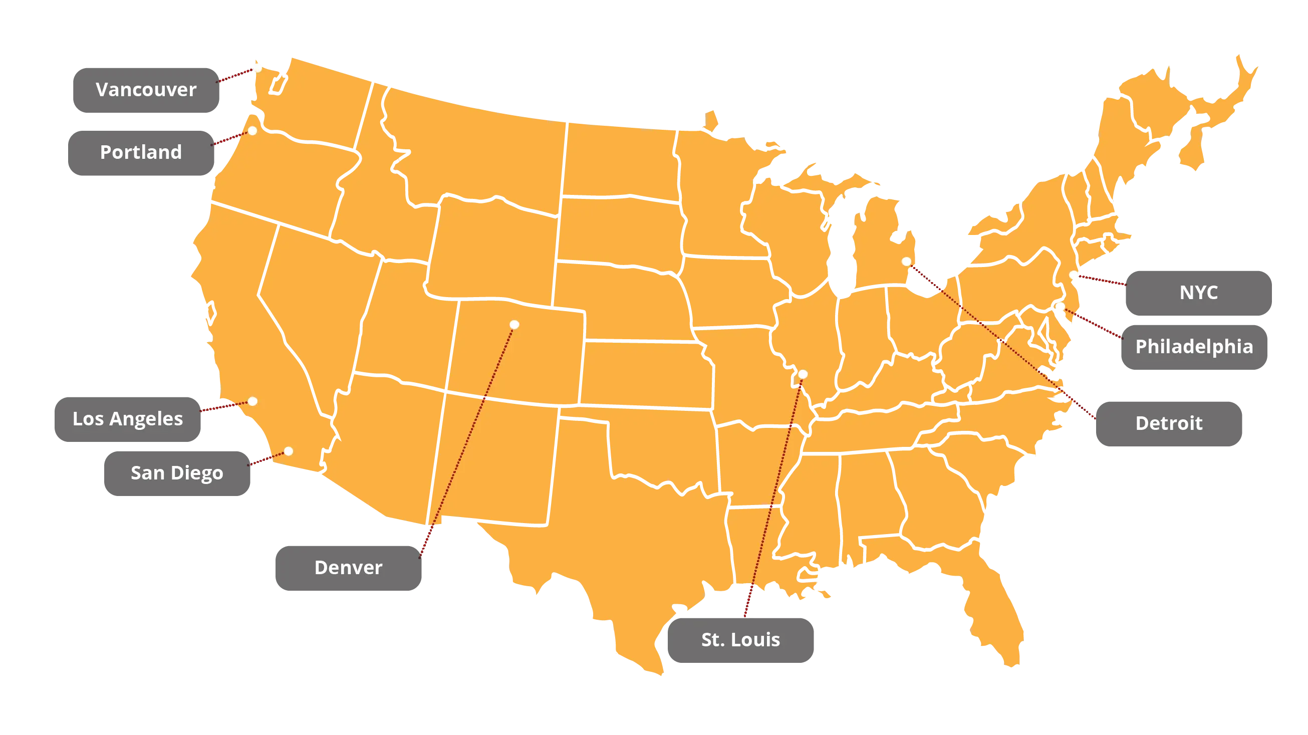 Map with Key Cities in the United States