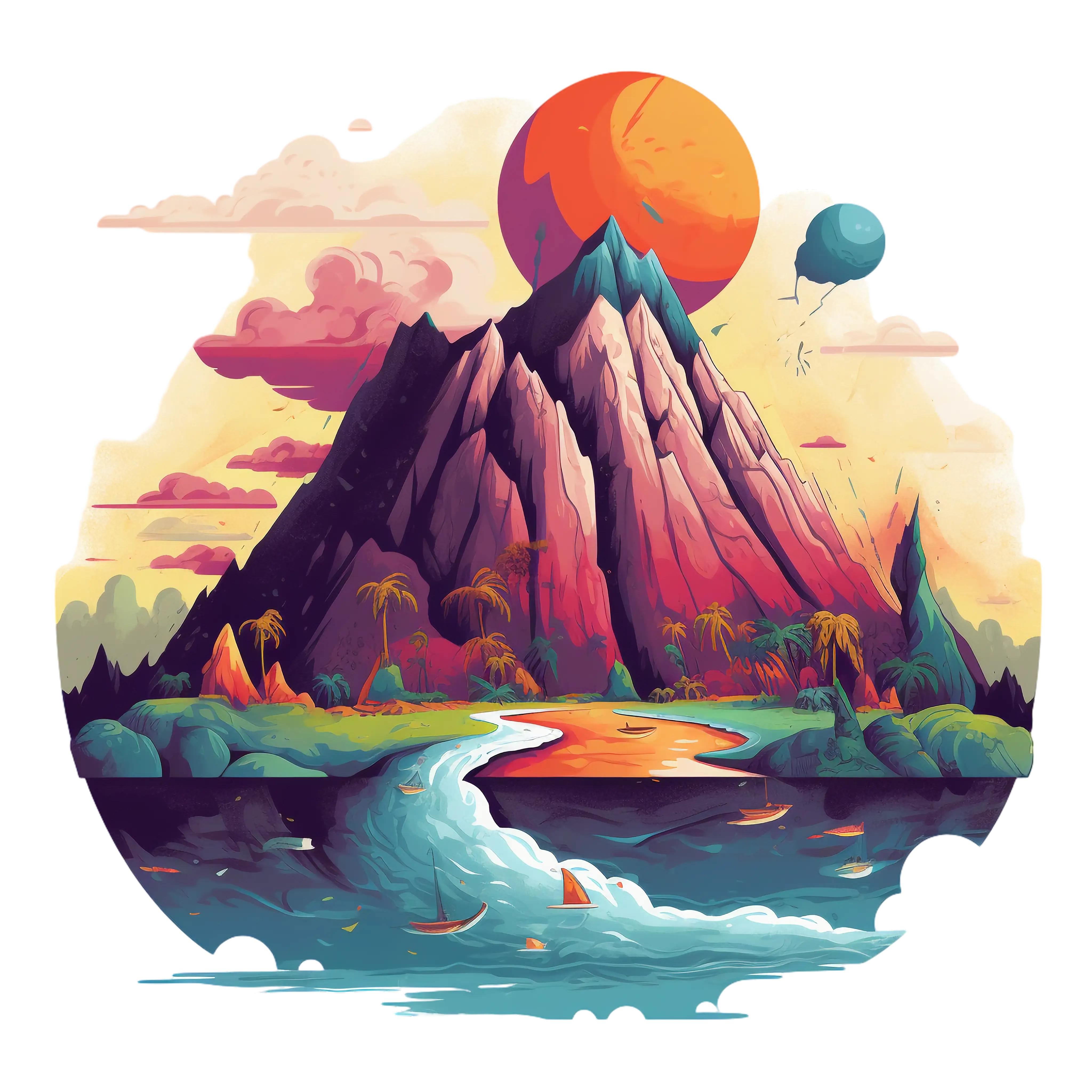 Fantasy Mountain with River and Colorful Sky