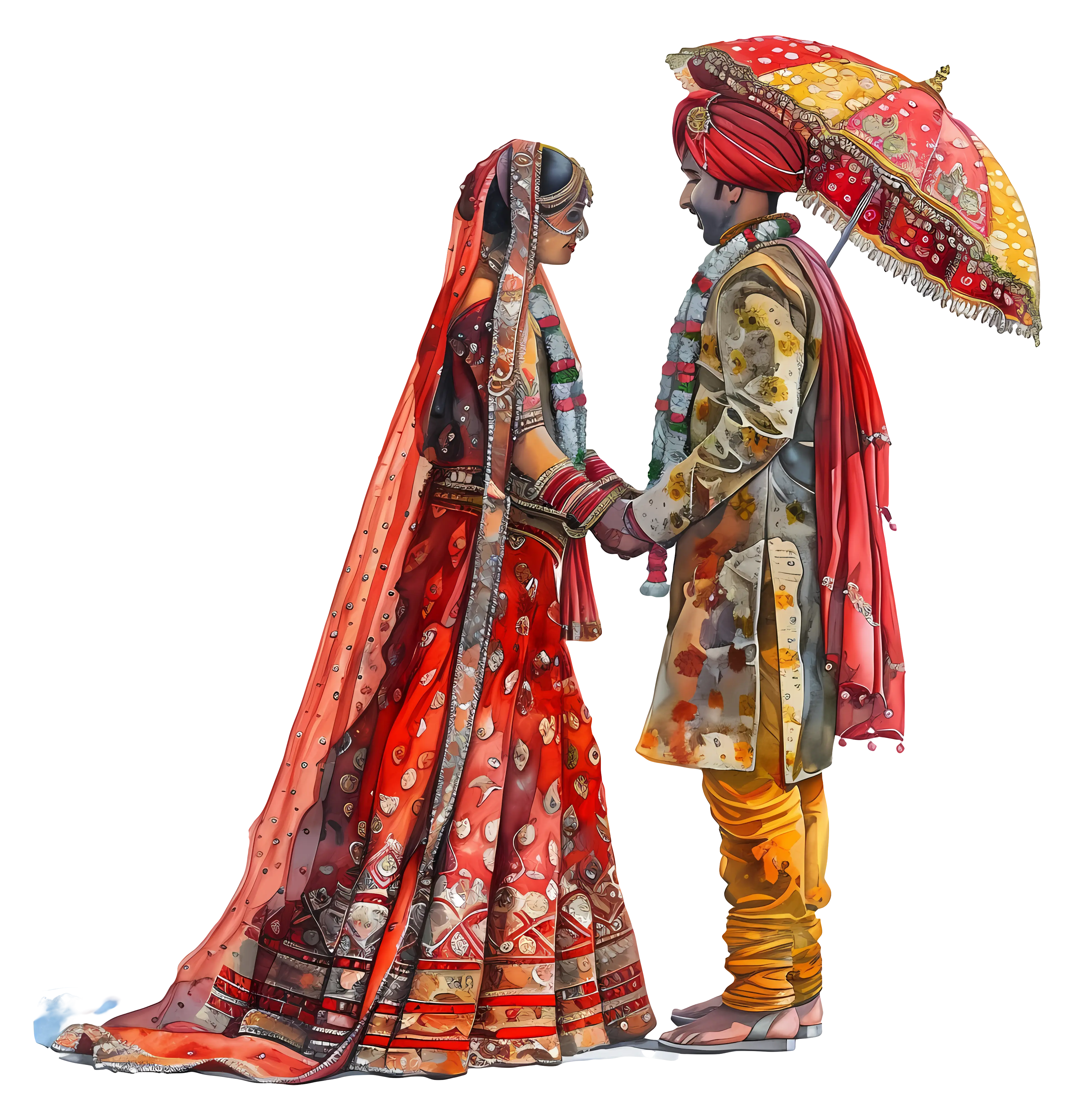 Indian Wedding Couple with Traditional Umbrella