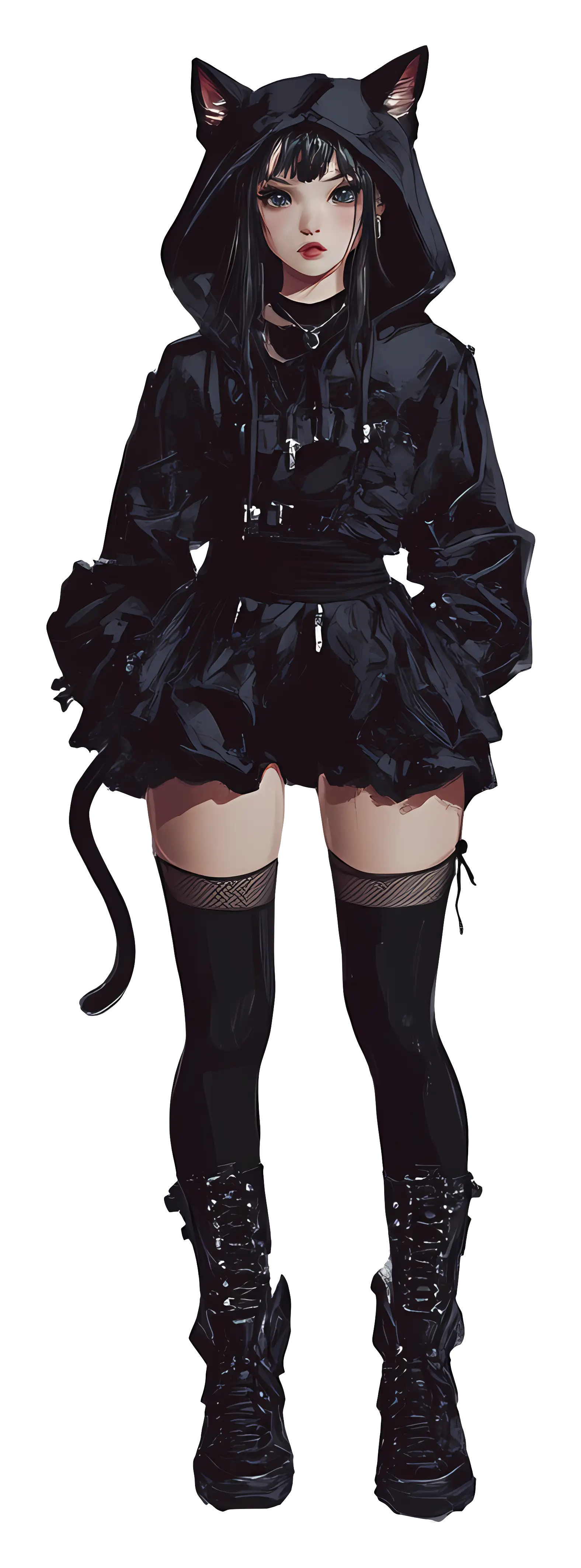 Anime Girl with Cat Ears in Black Outfit