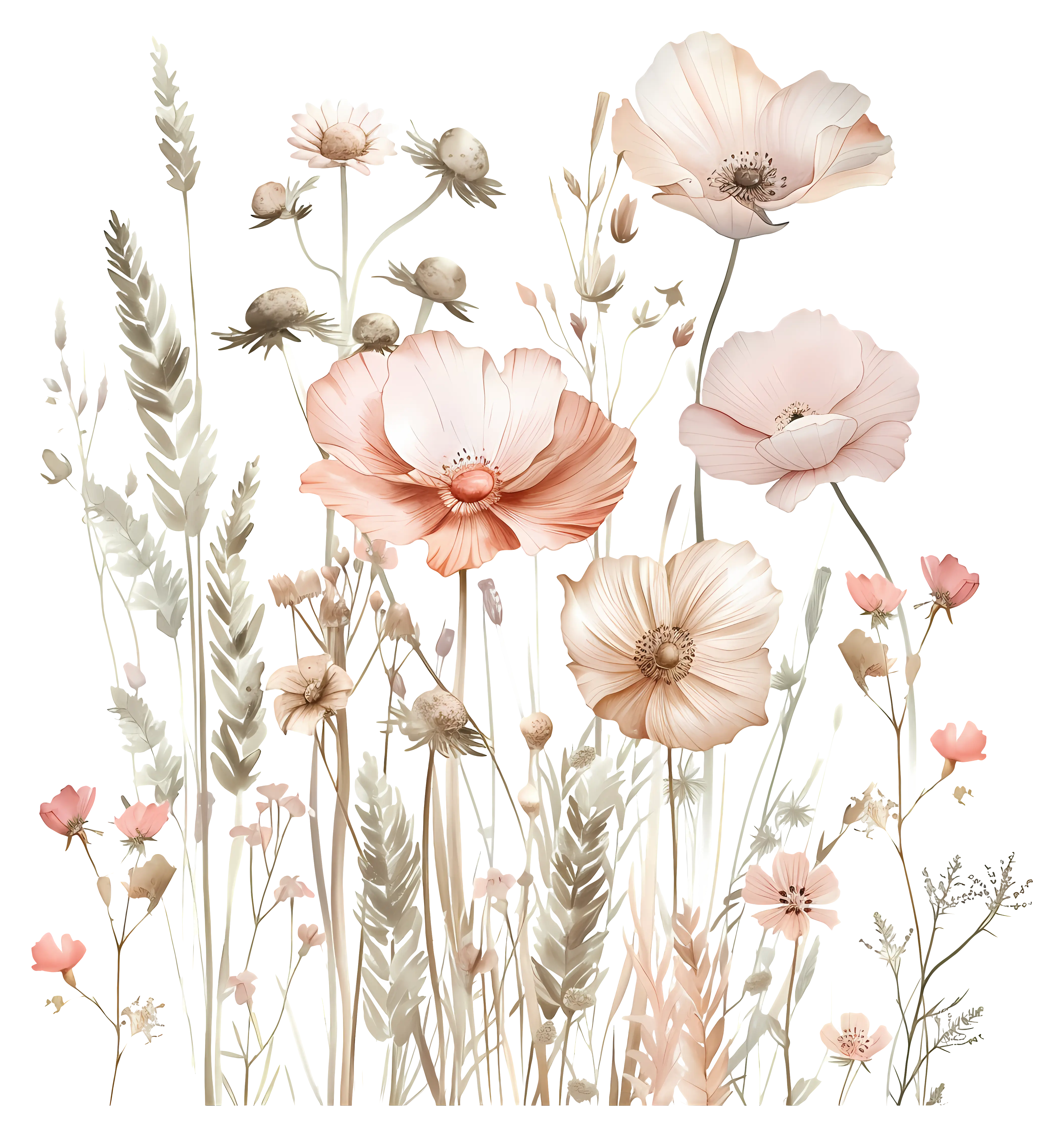 Field of Beige and Pink Watercolor Flowers