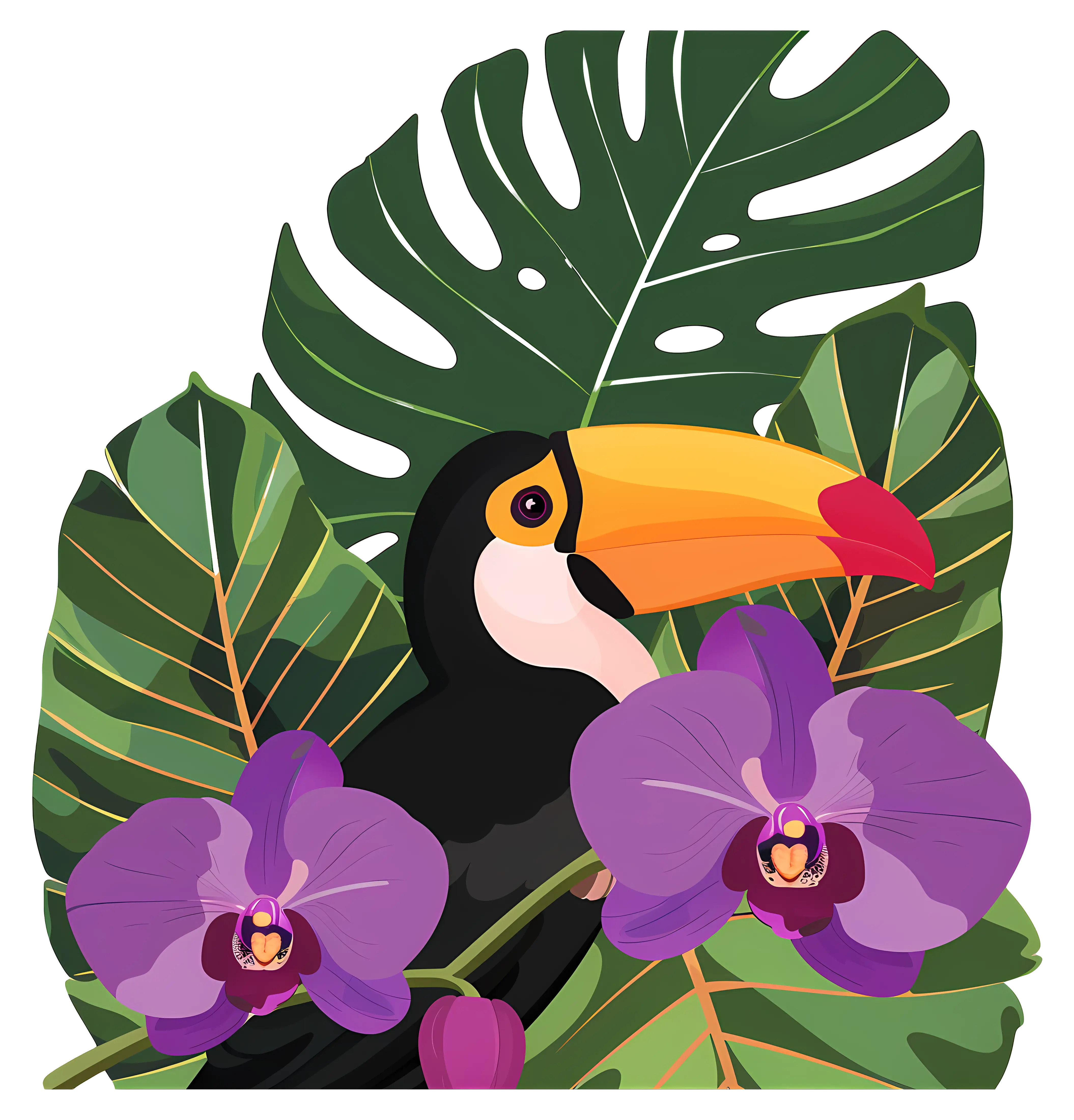 Toucan with Tropical Leaves and Flowers Art