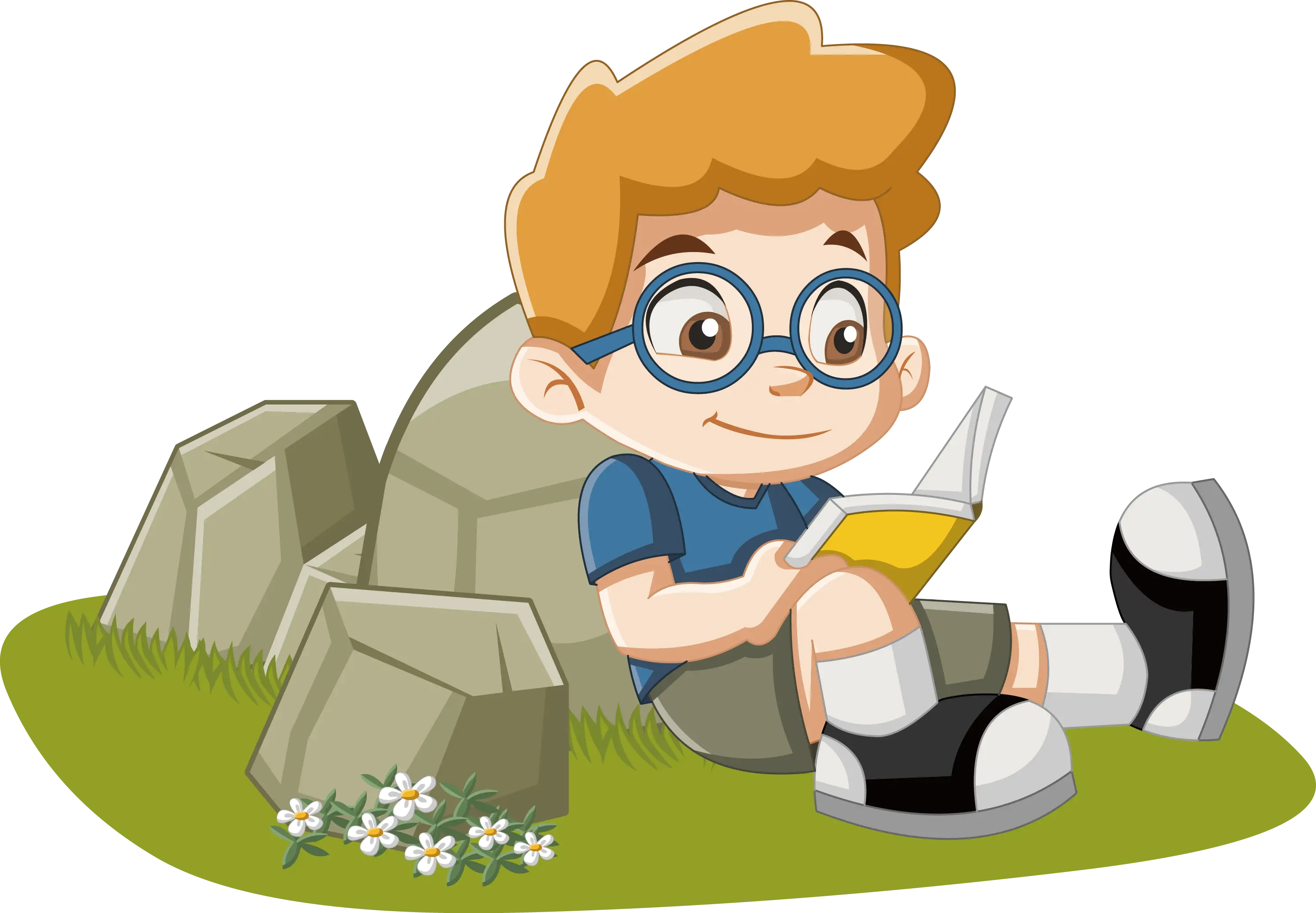 Cartoon Boy Reading a Book Outdoors