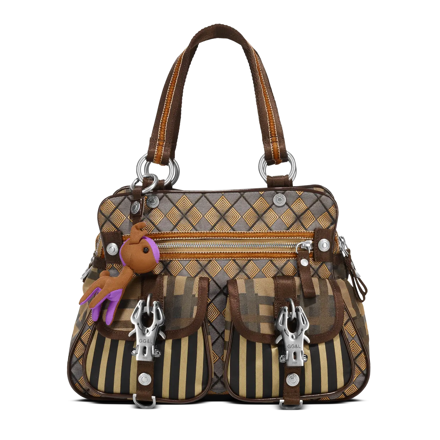 Elegant Brown Patterned Handbag with Toy Decoration