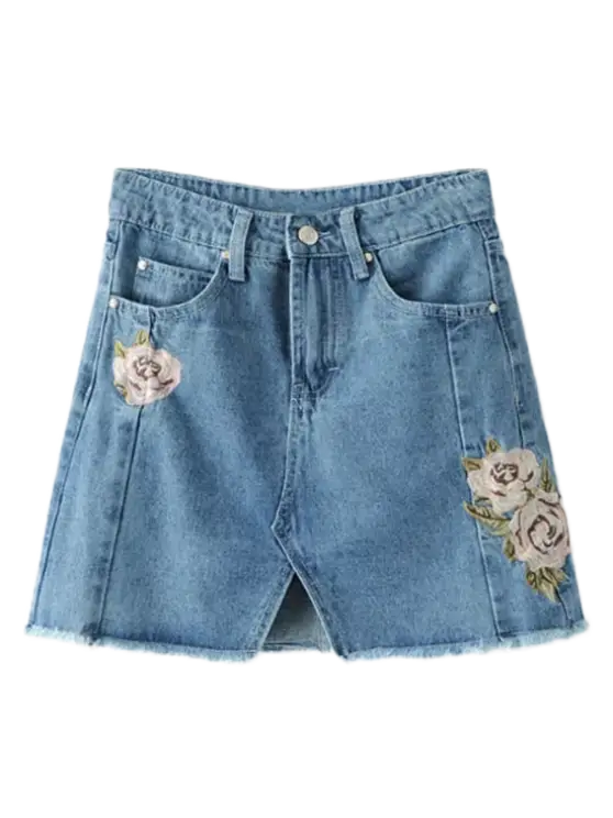 Floral Embroidered Denim Skirt