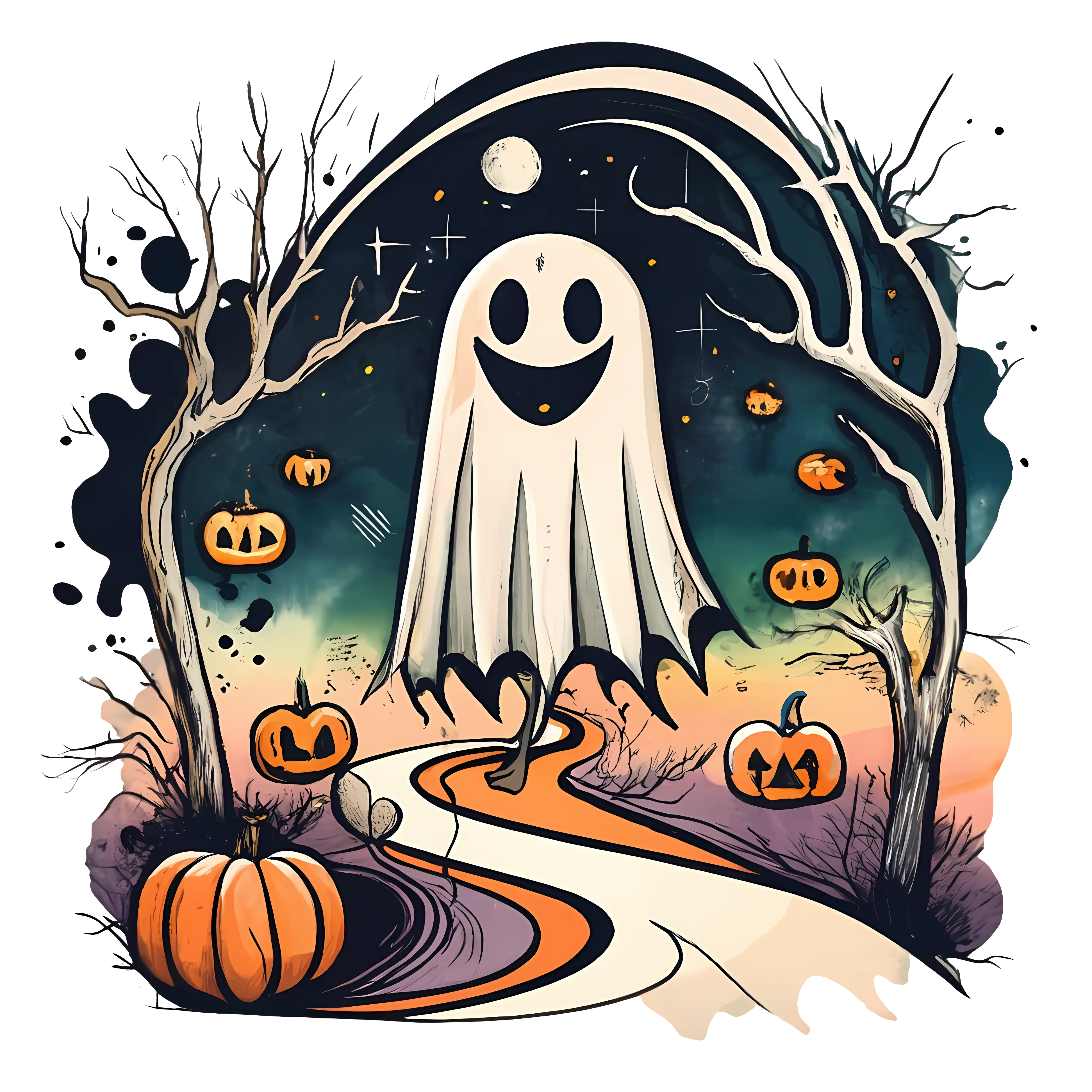 Cartoon Ghost with Pumpkins for Halloween