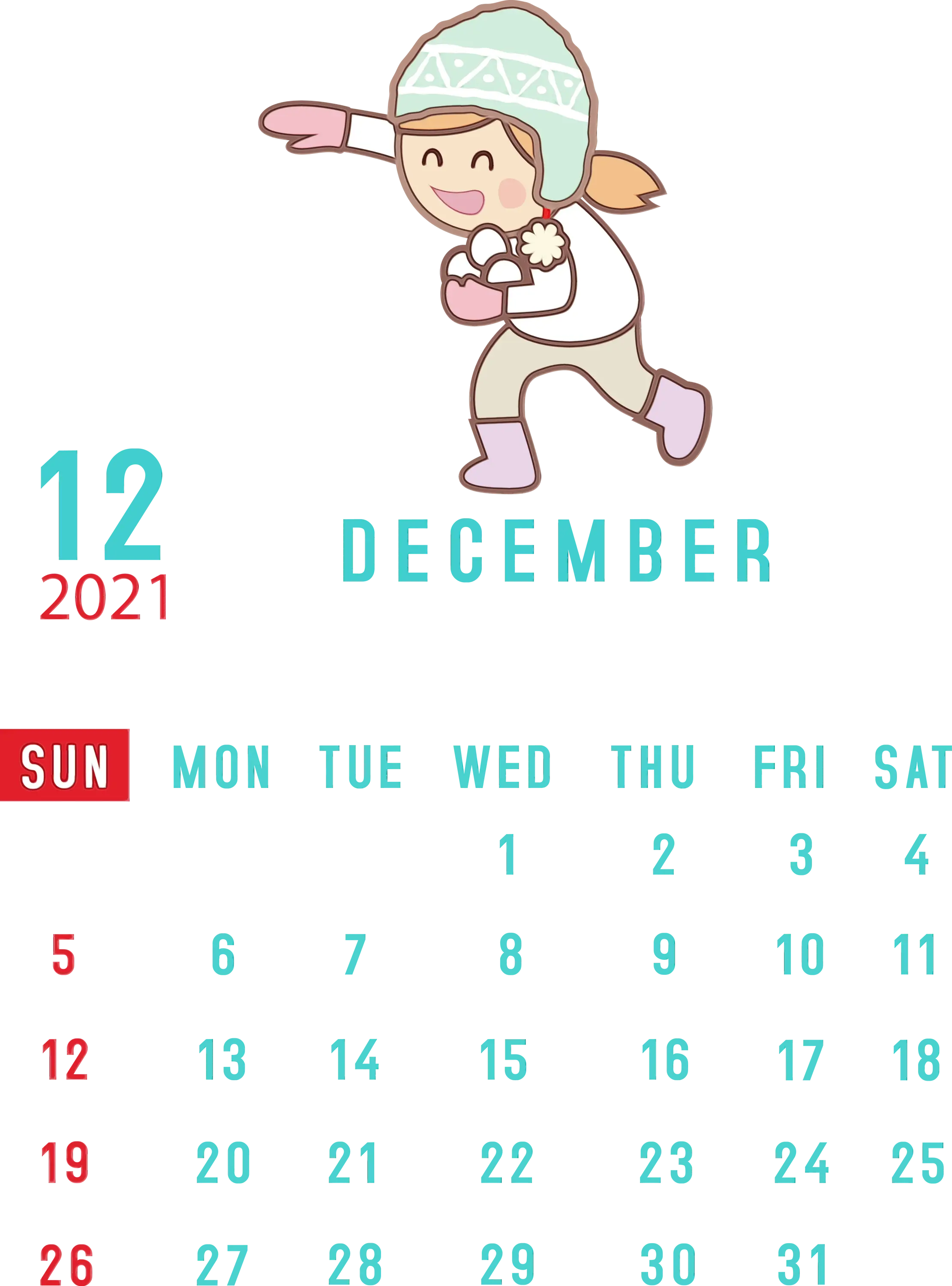 December 2021 Calendar with Winter Activity Illustration
