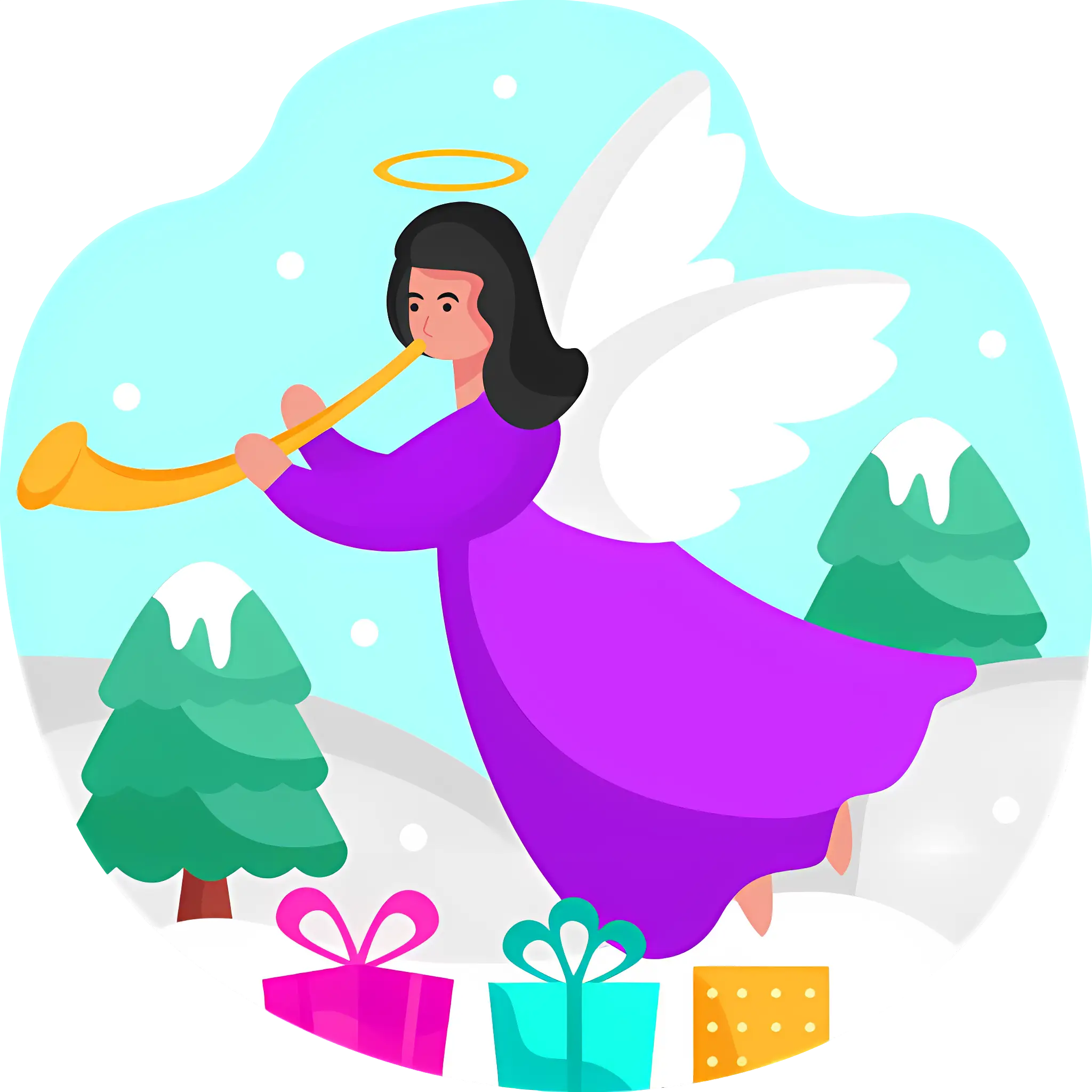 Christmas Angel with Trumpet and Gifts