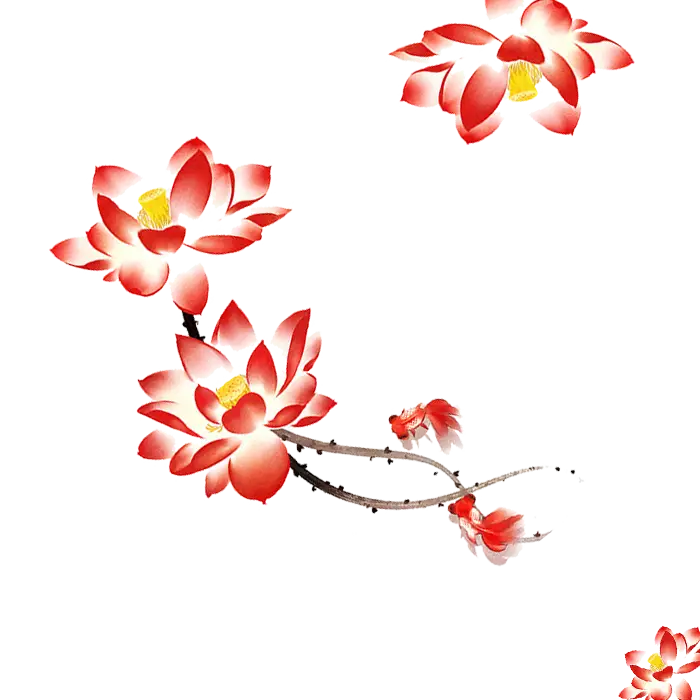 Red Lotus Flowers with Fish Illustration