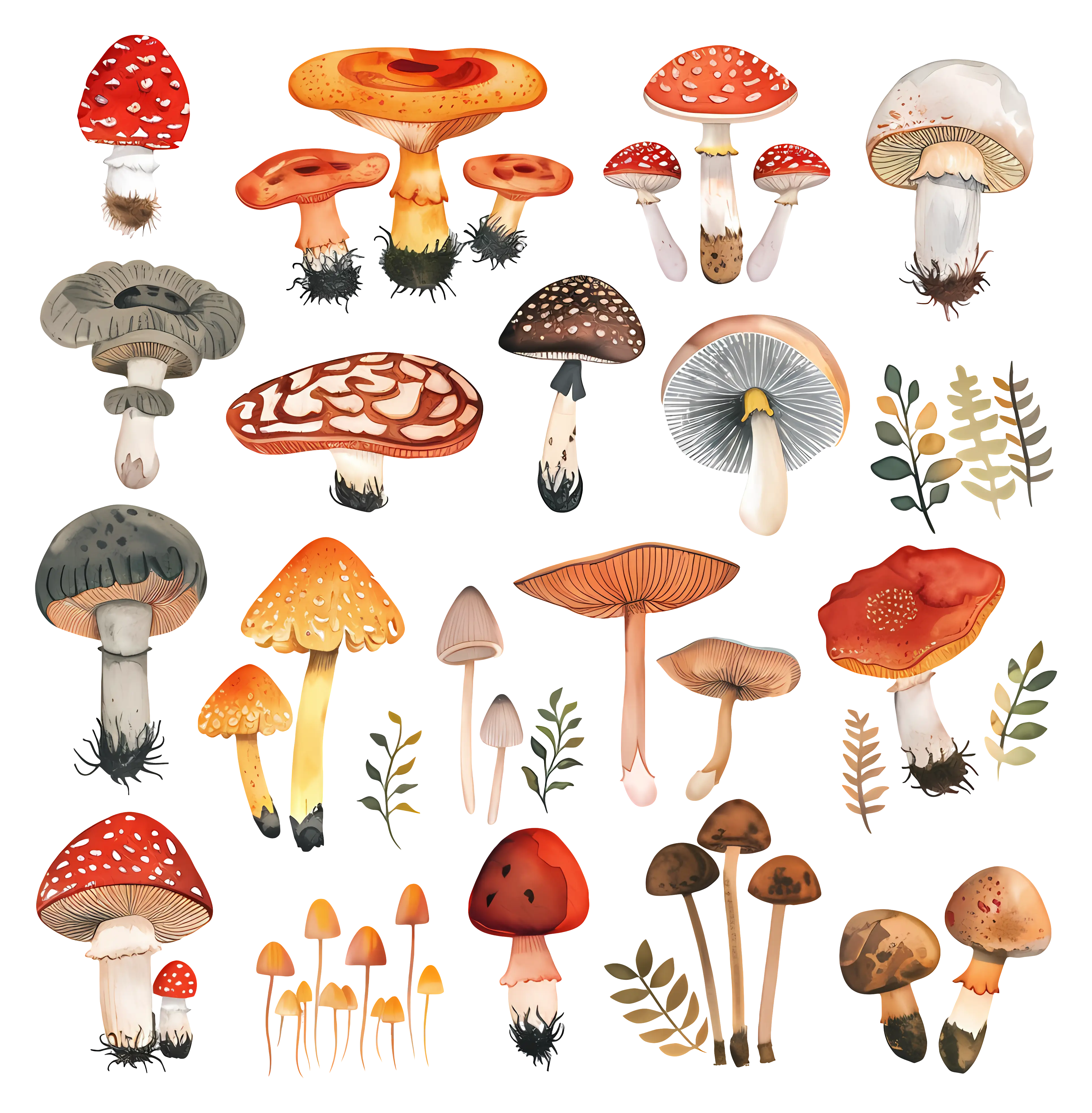 Diverse Mushrooms in Detailed Botanical Illustrations