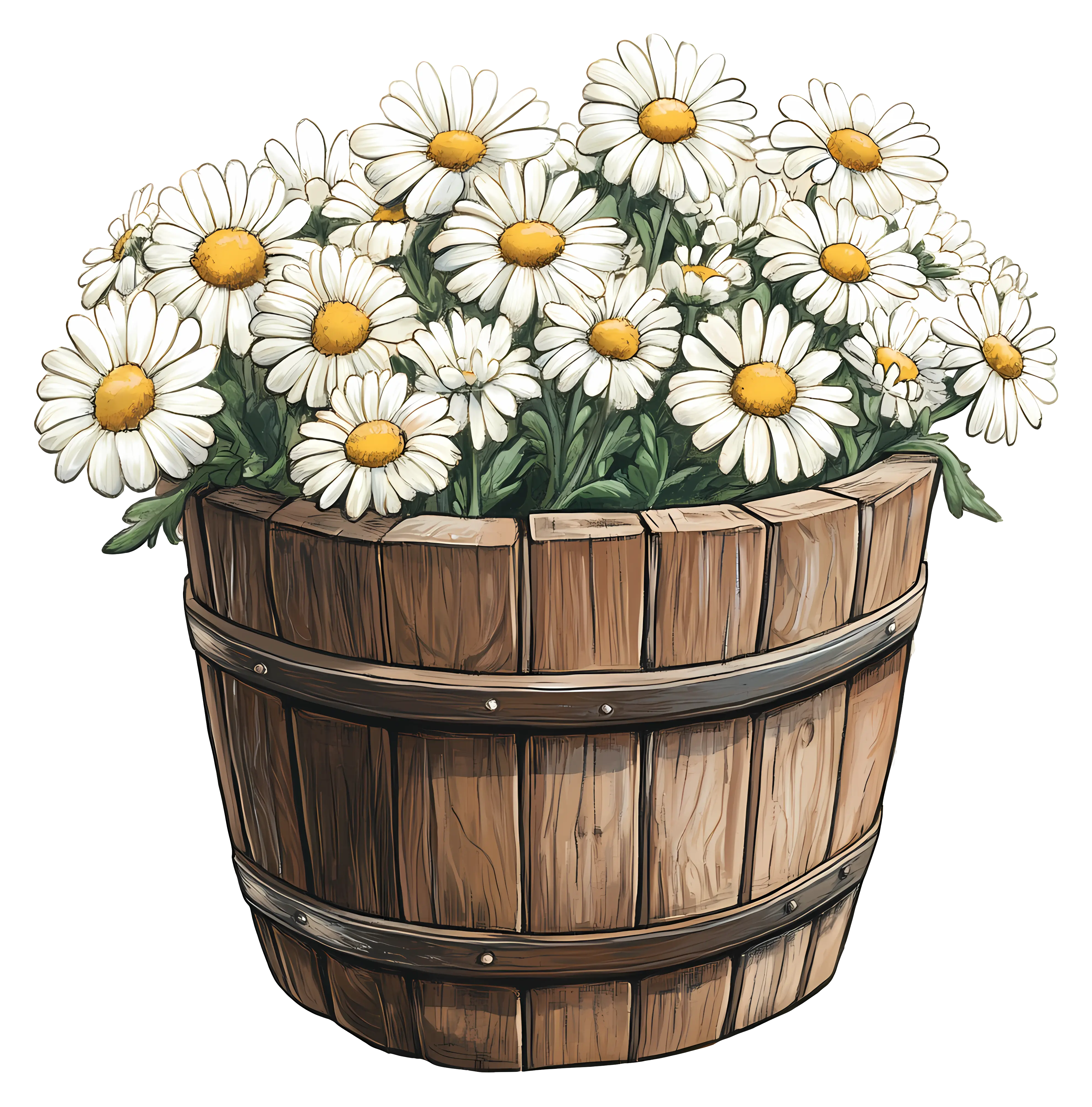 Beautiful Daisies in Wooden Barrel Pot