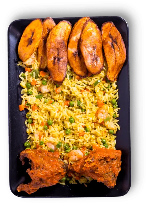 Served Fried Rice with Plantains and Meat