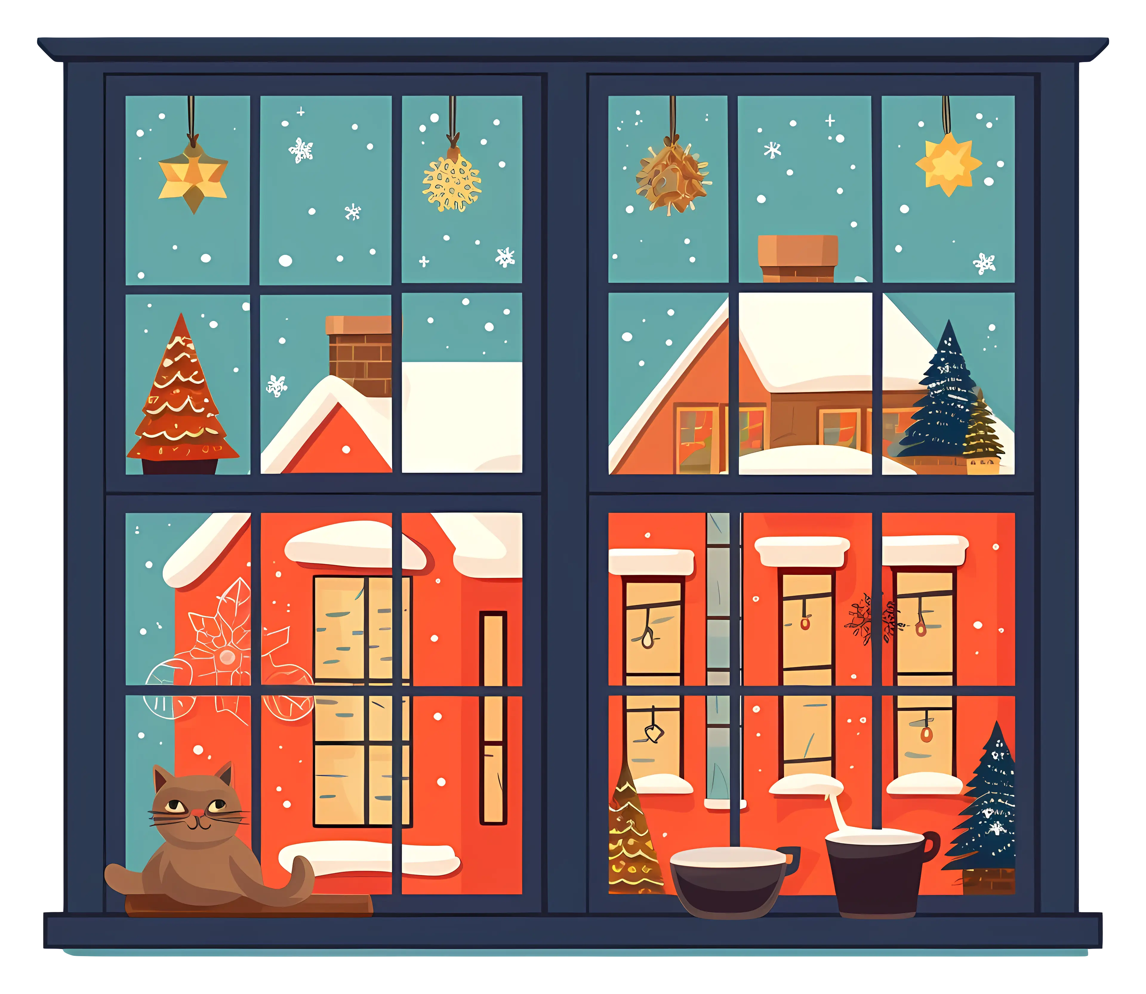 Christmas Window with Trees and Stars