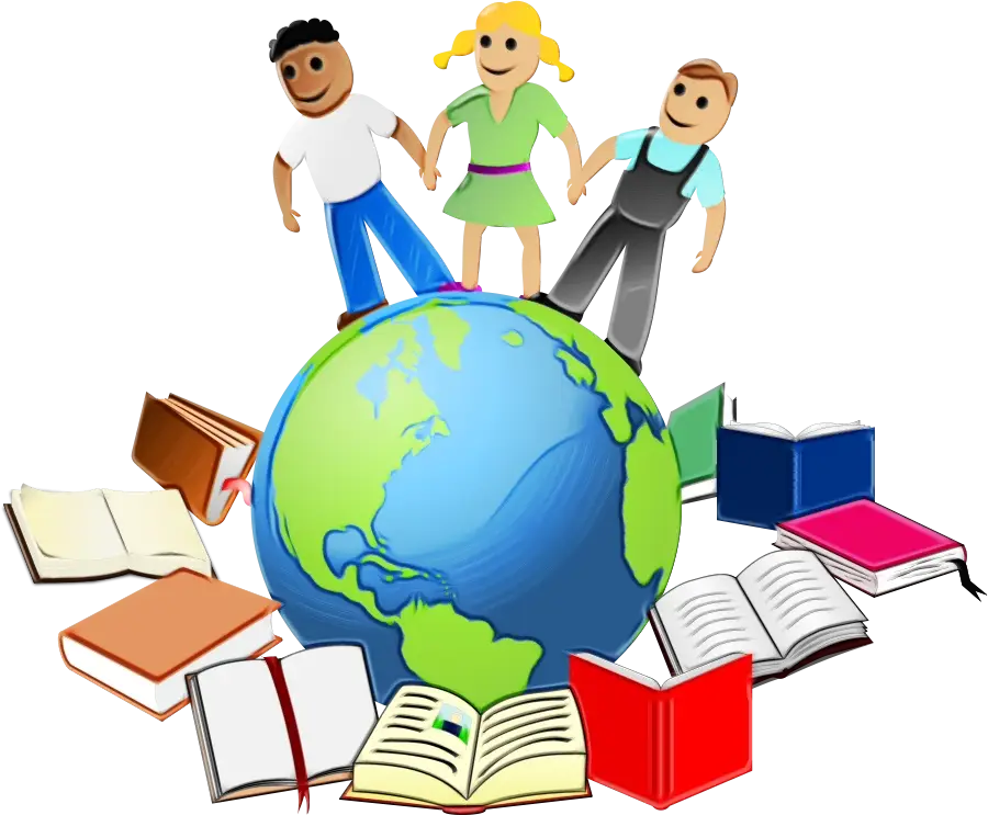Children Holding Hands Around Painted Globe with Books