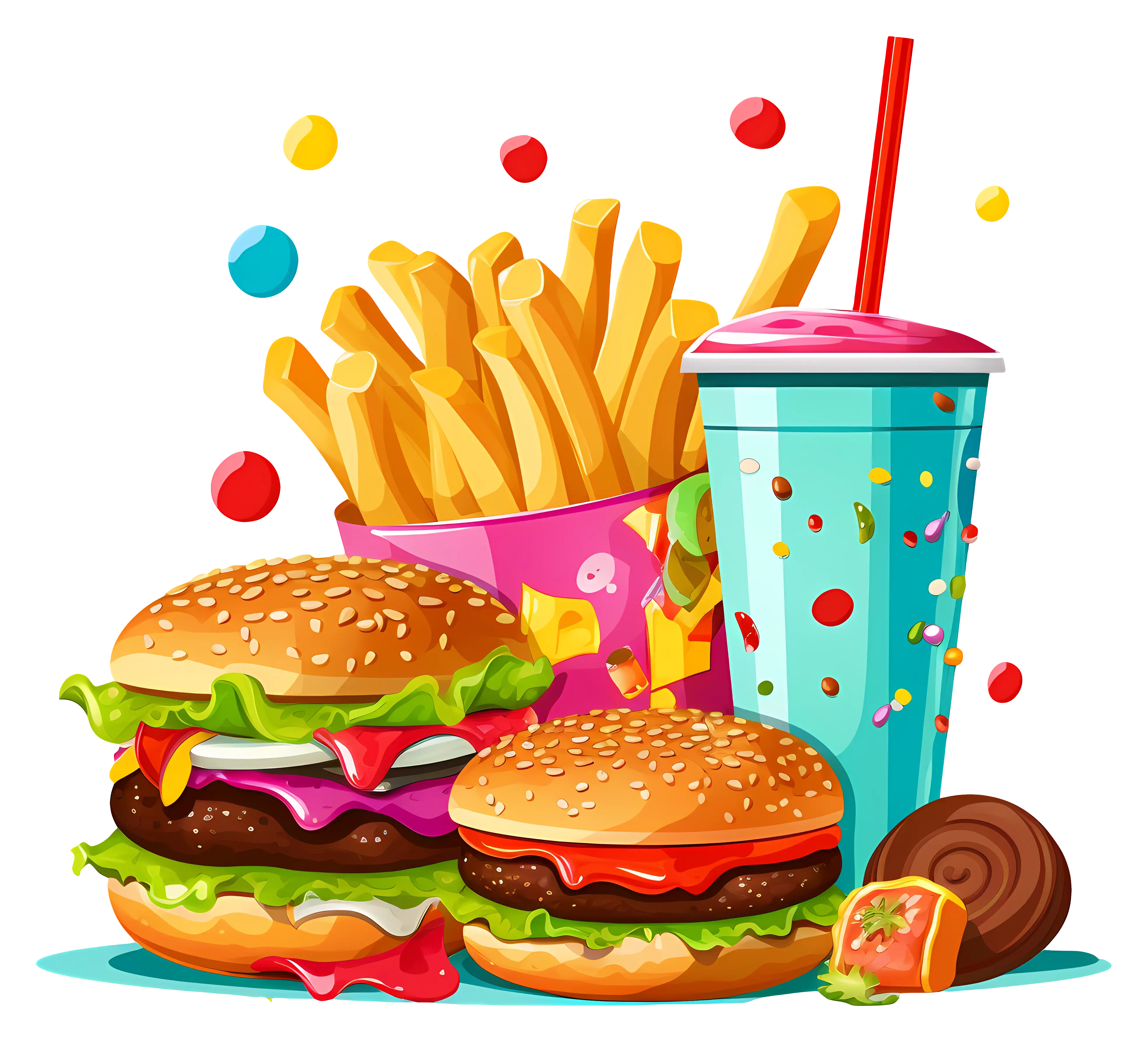Fun and Colorful Fast Food Meal with Burgers and Fries