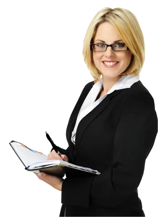 Smiling Woman in Suit Holding Notebook