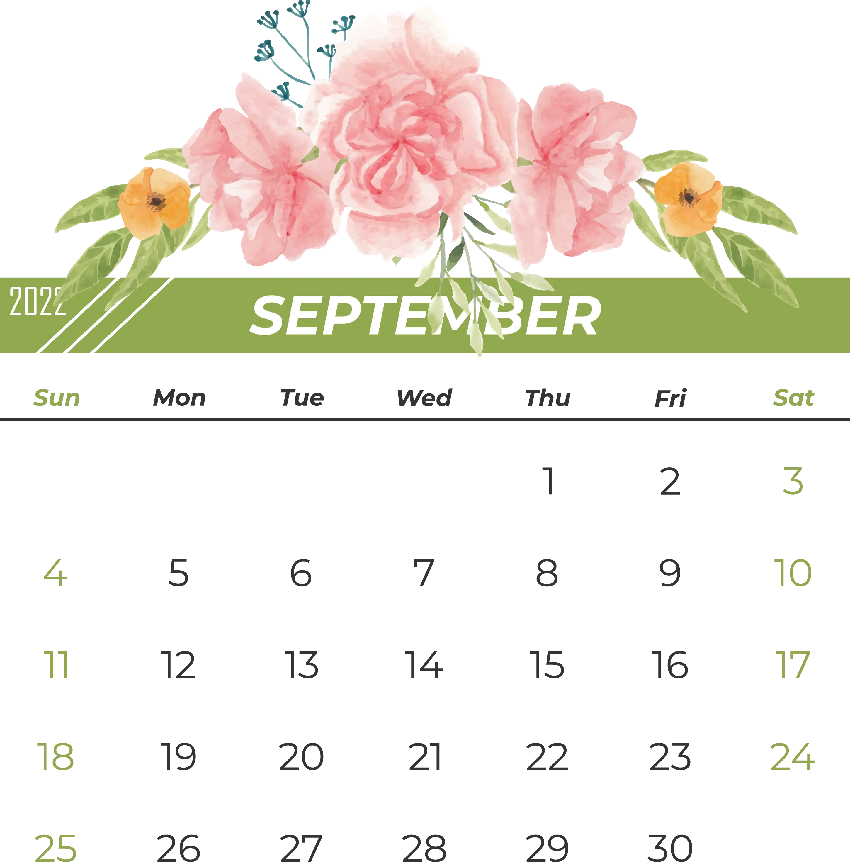 Floral September Monthly Calendar Design