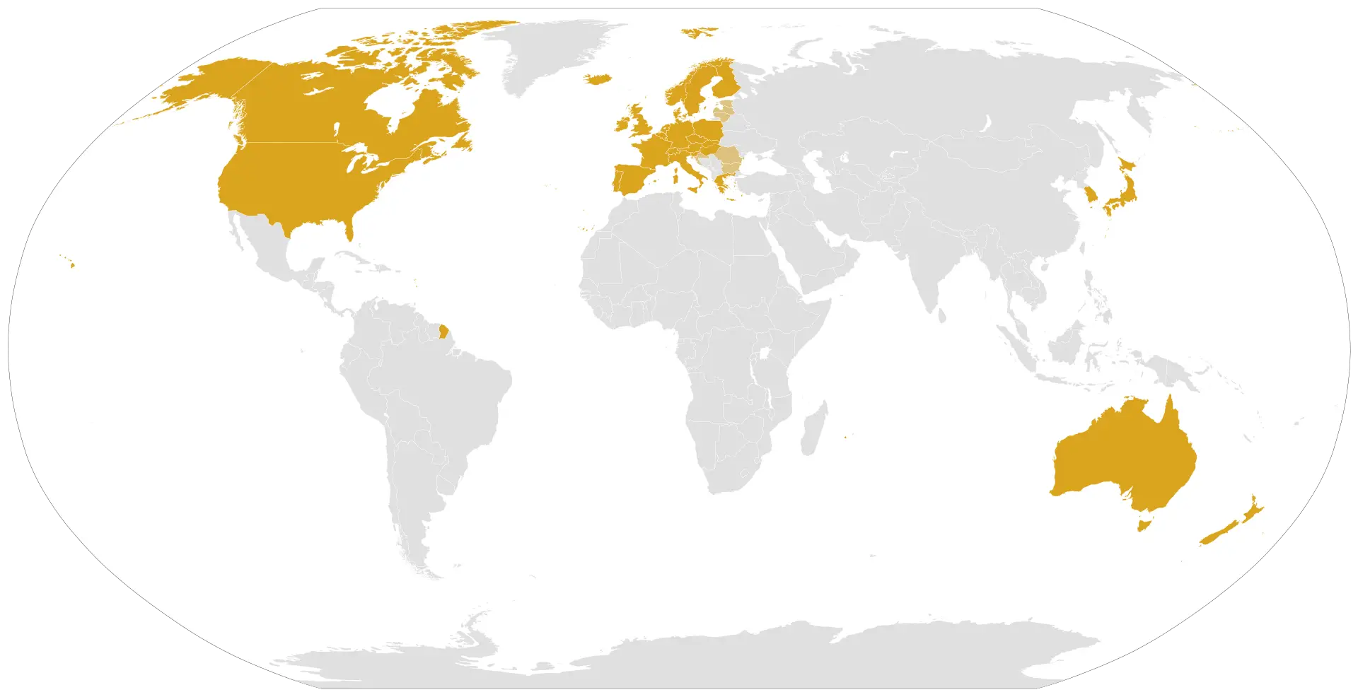 World Map with Highlighted Regions in Gold