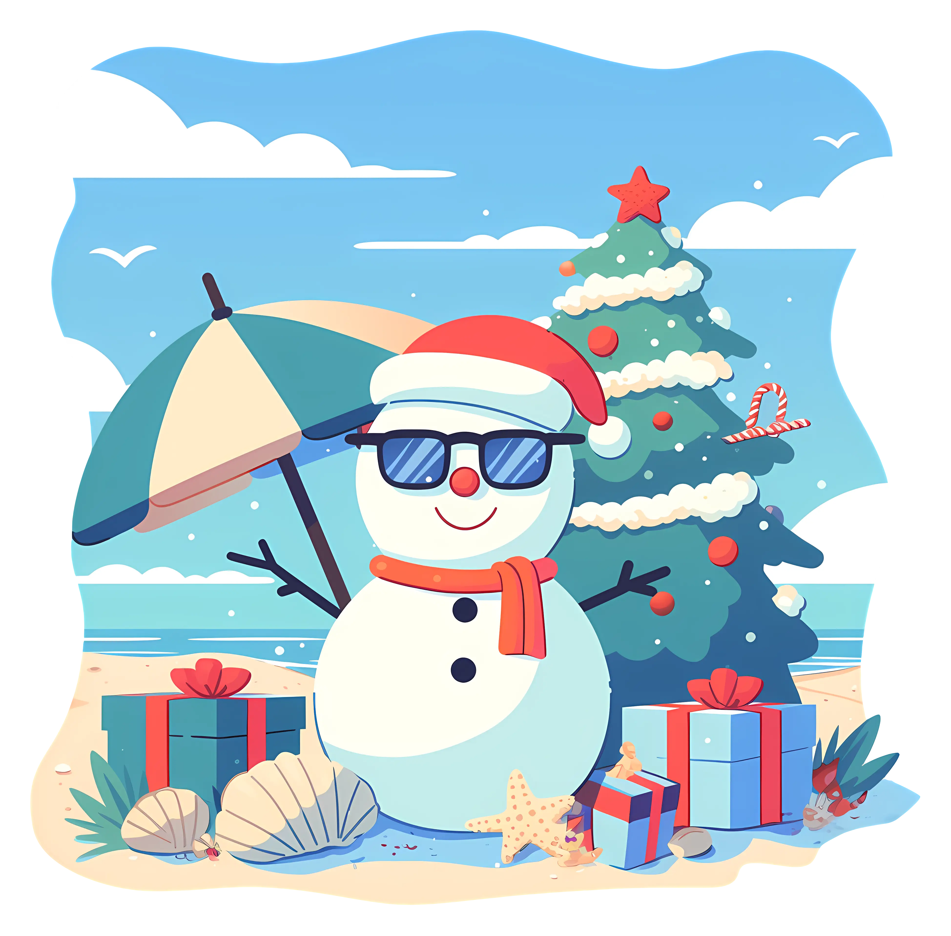 Christmas Snowman on a Sunny Beach Scene
