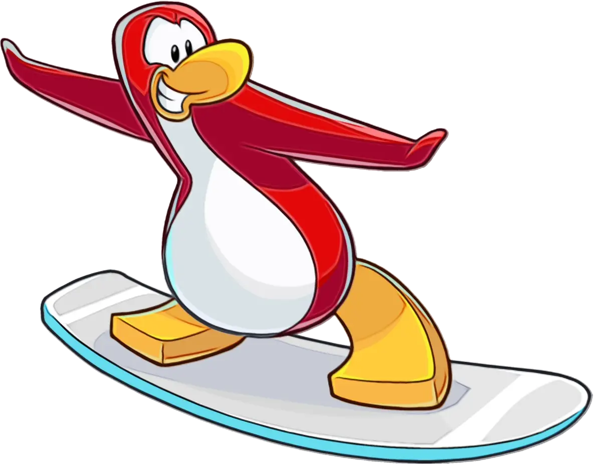 Penguin Cartoon on Snowboard