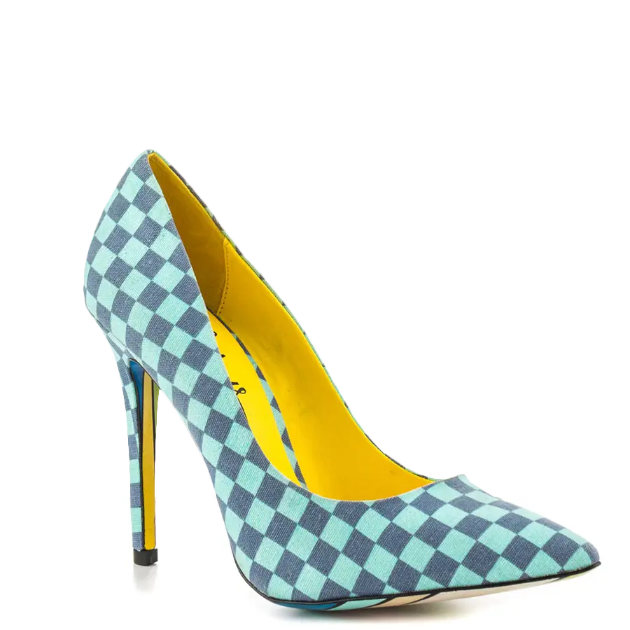 Checkered High-Heeled Shoe in Blue and Yellow