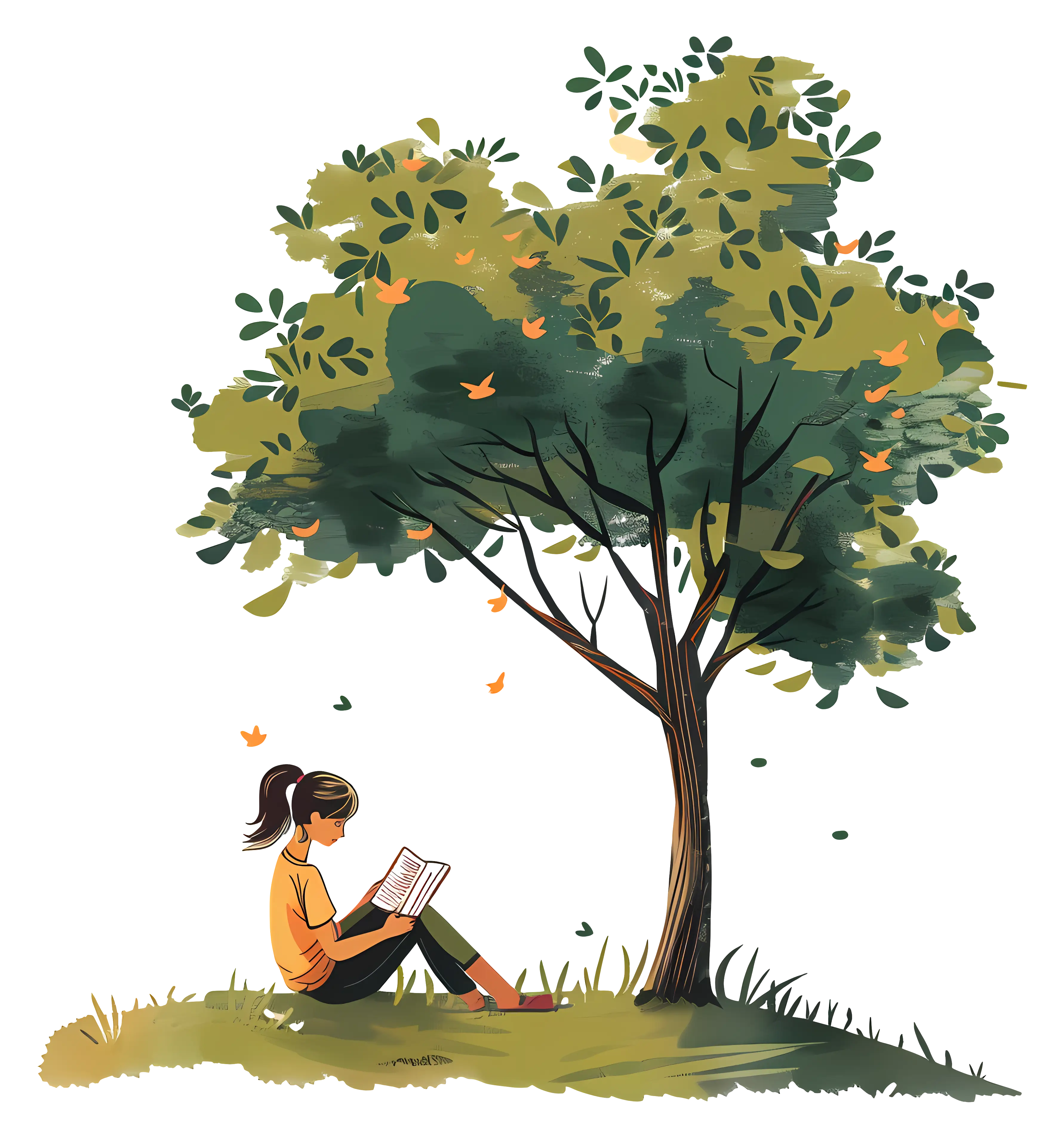 Girl Reading Under a Tree Illustration