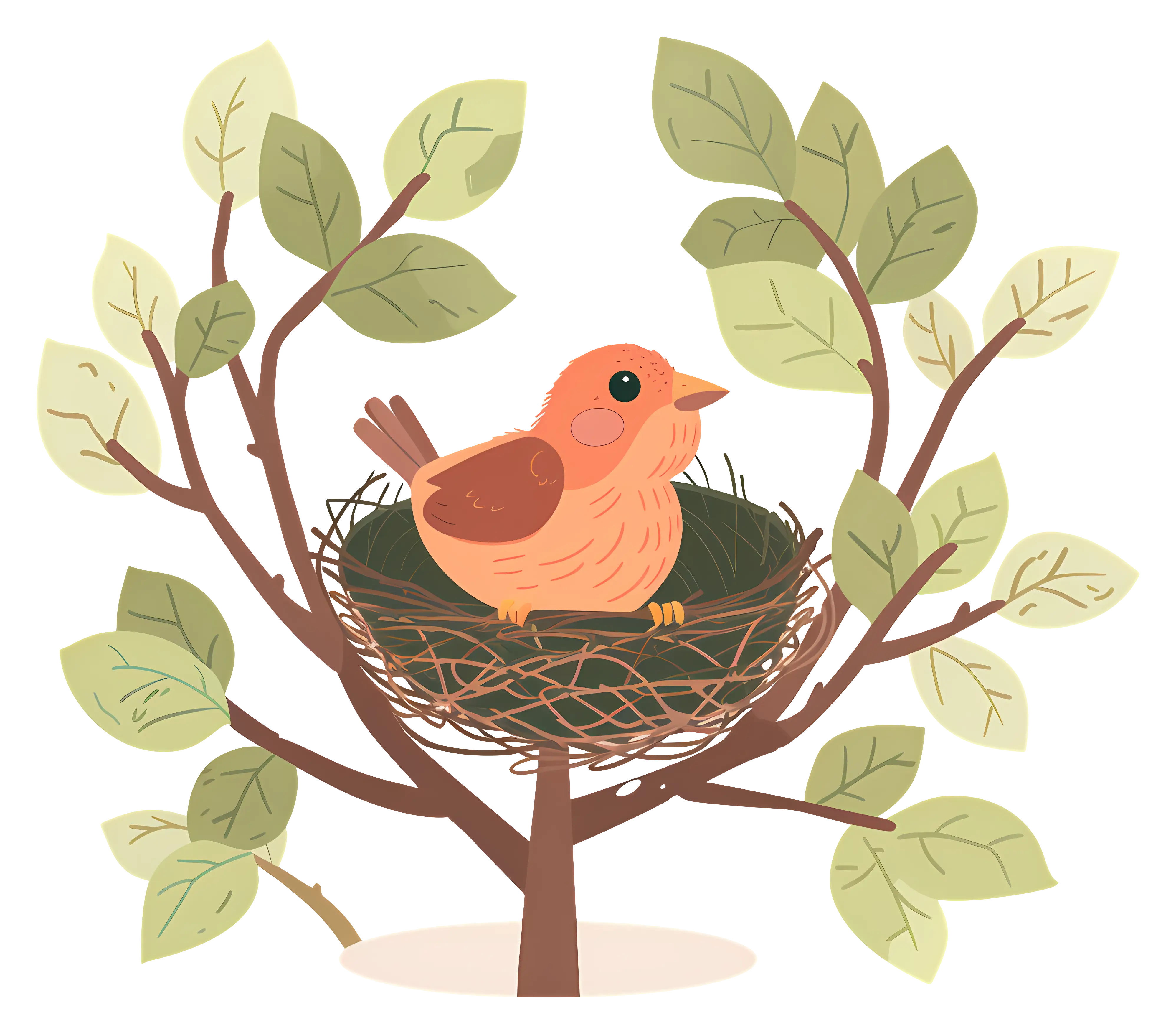 Cartoon Bird Sitting in Nest on Tree