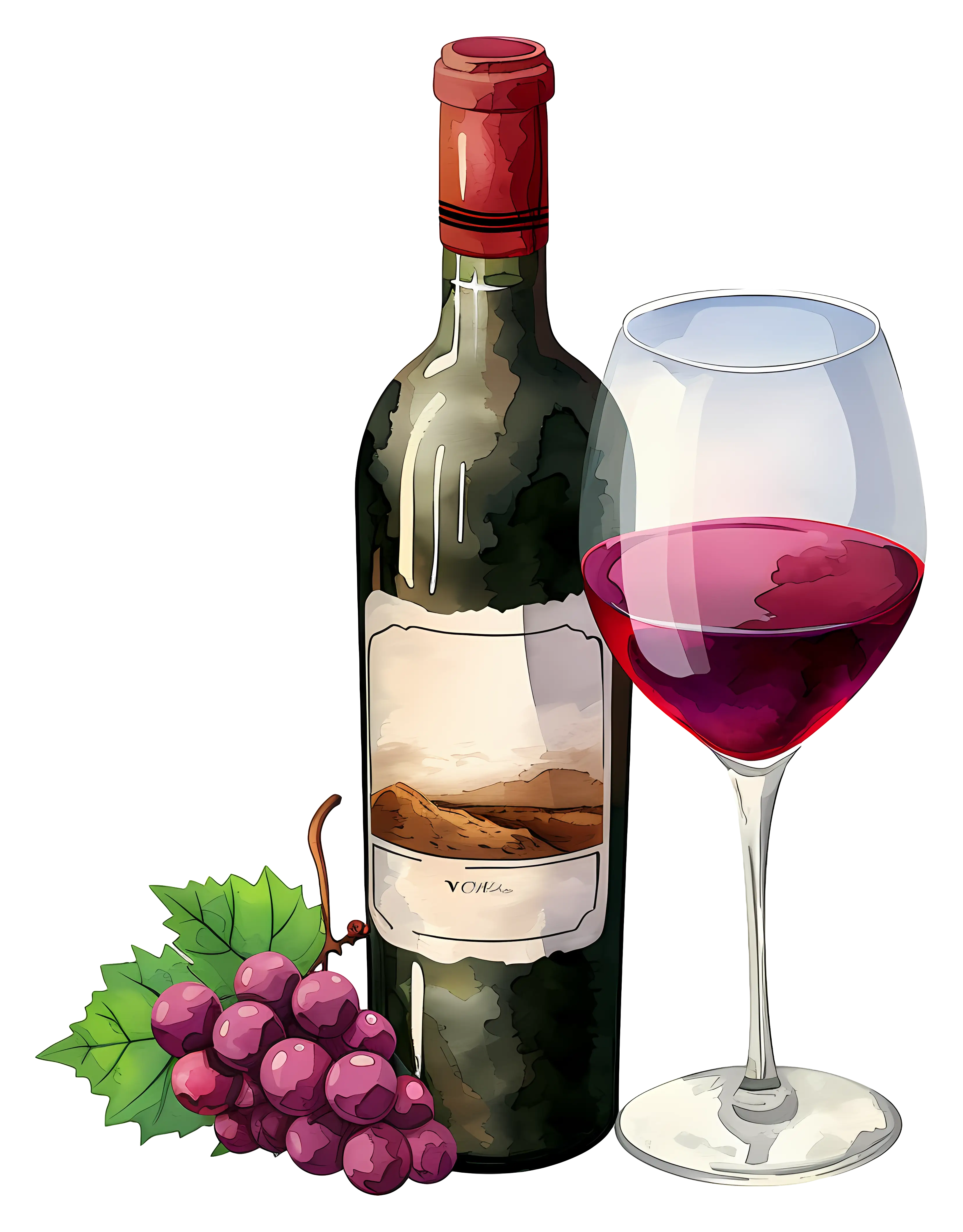 Red Wine Bottle, Glass, and Grapes Art