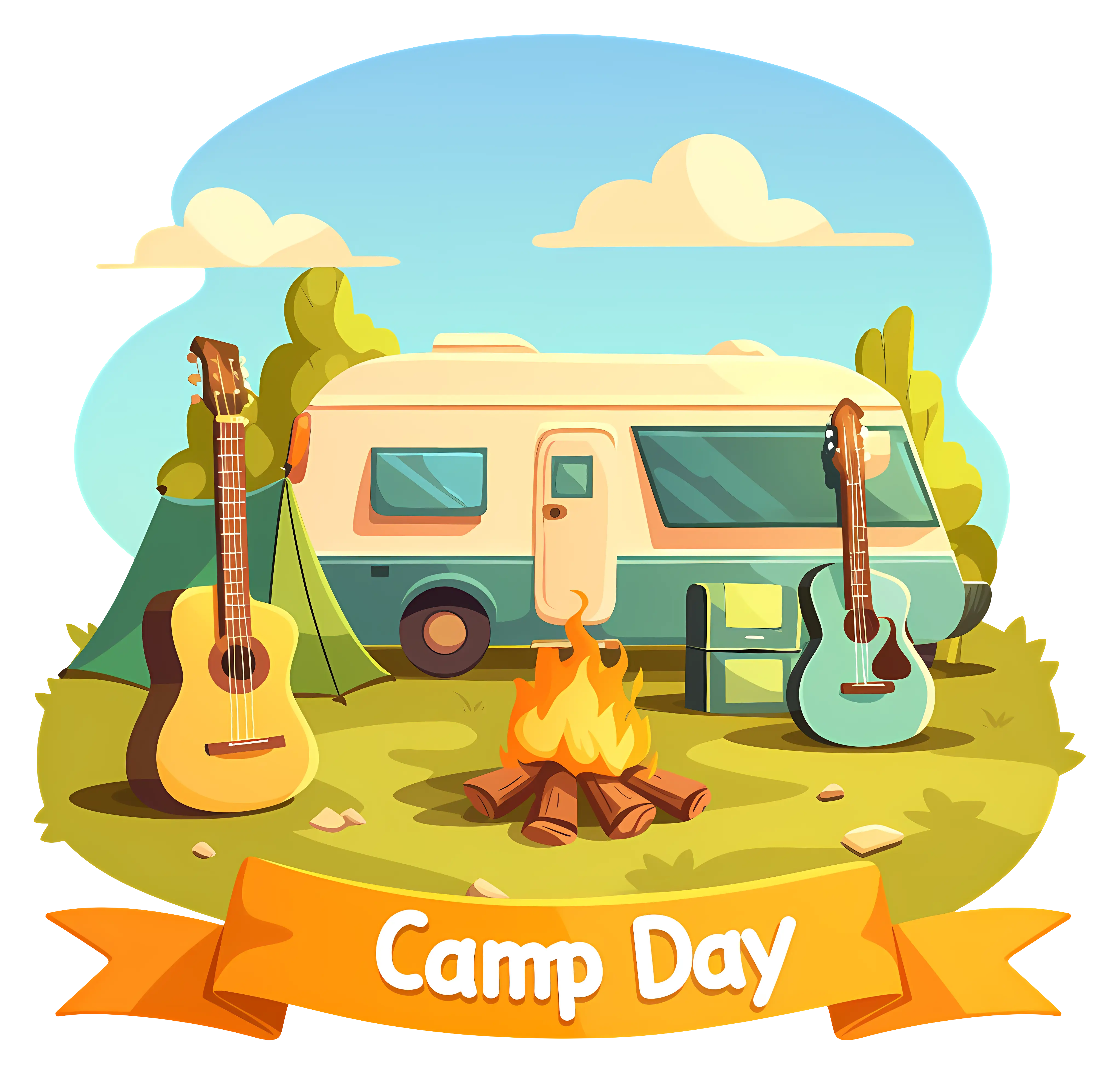 Camp Day Illustration with Guitars and Camper Van