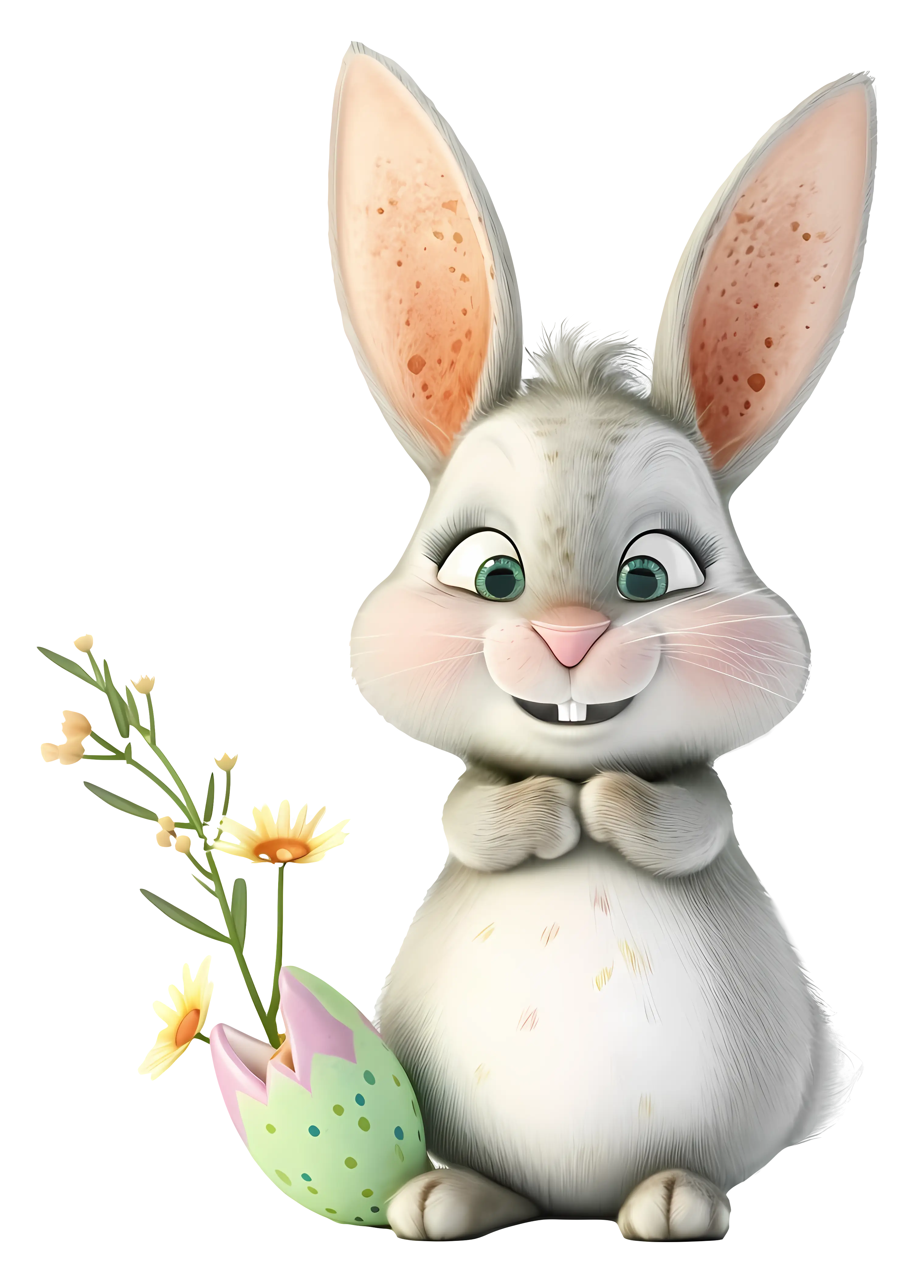 Cute Cartoon Bunny with Egg and Flowers