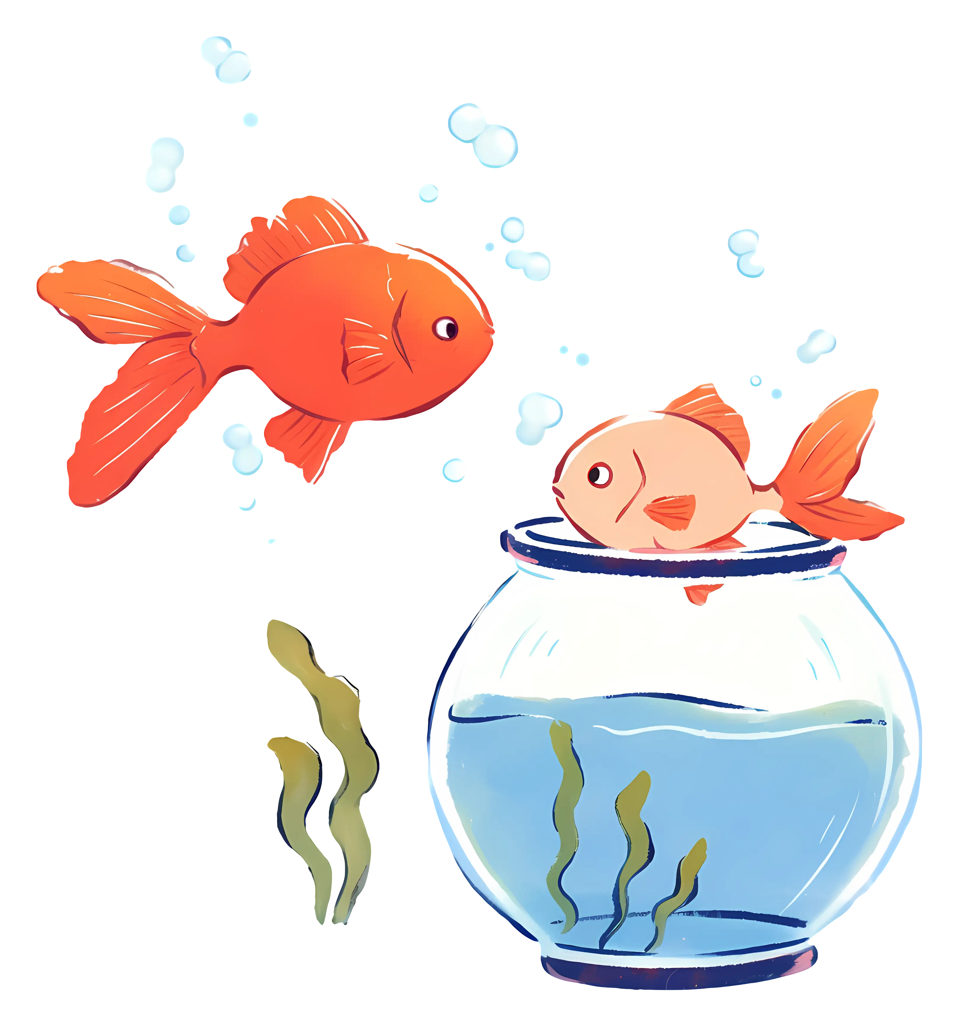 Two Goldfish Playing Near a Bowl