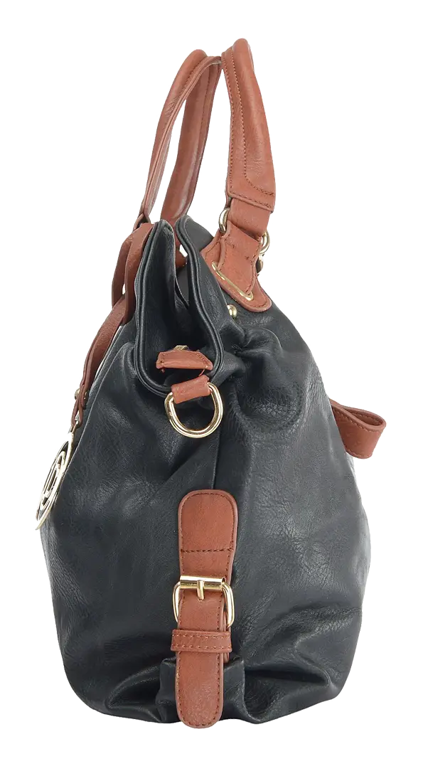 Black Leather Handbag with Brown Straps