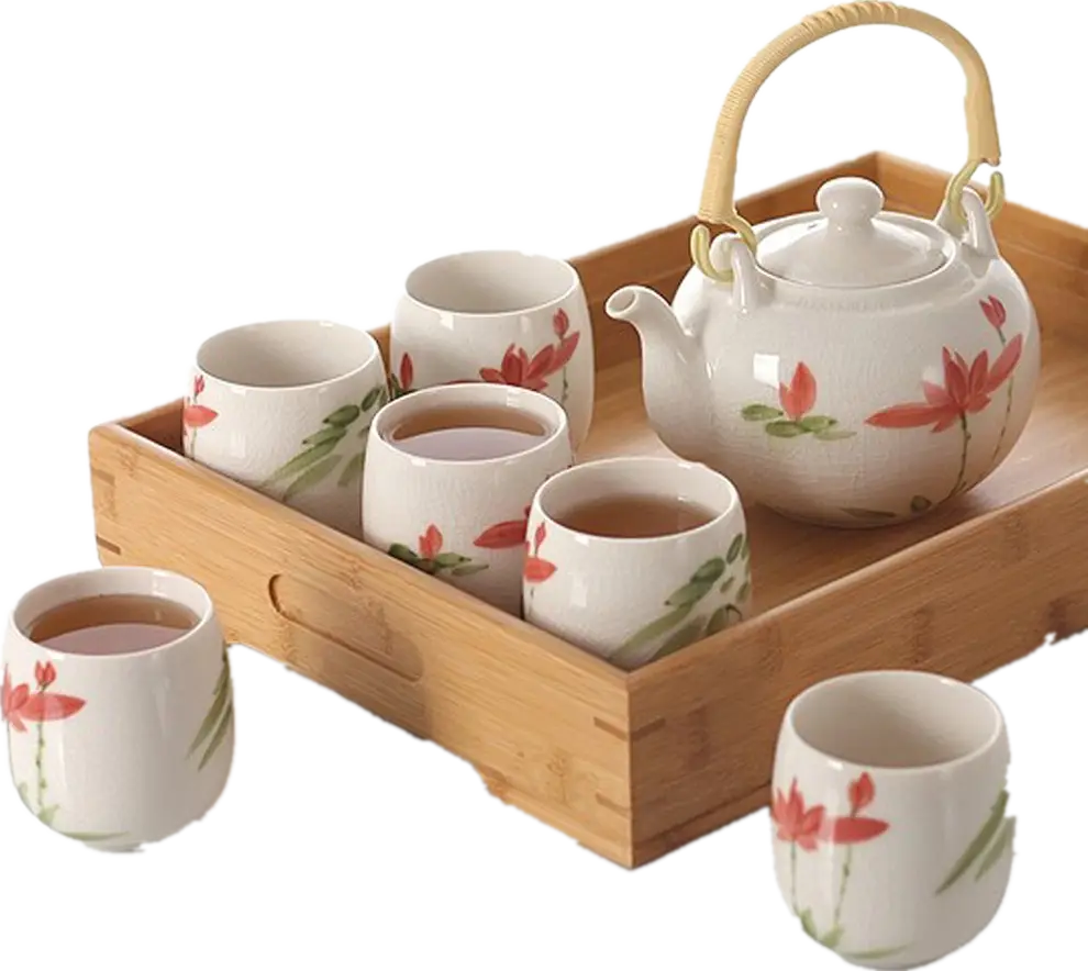 Floral Ceramic Tea Set on Wooden Tray