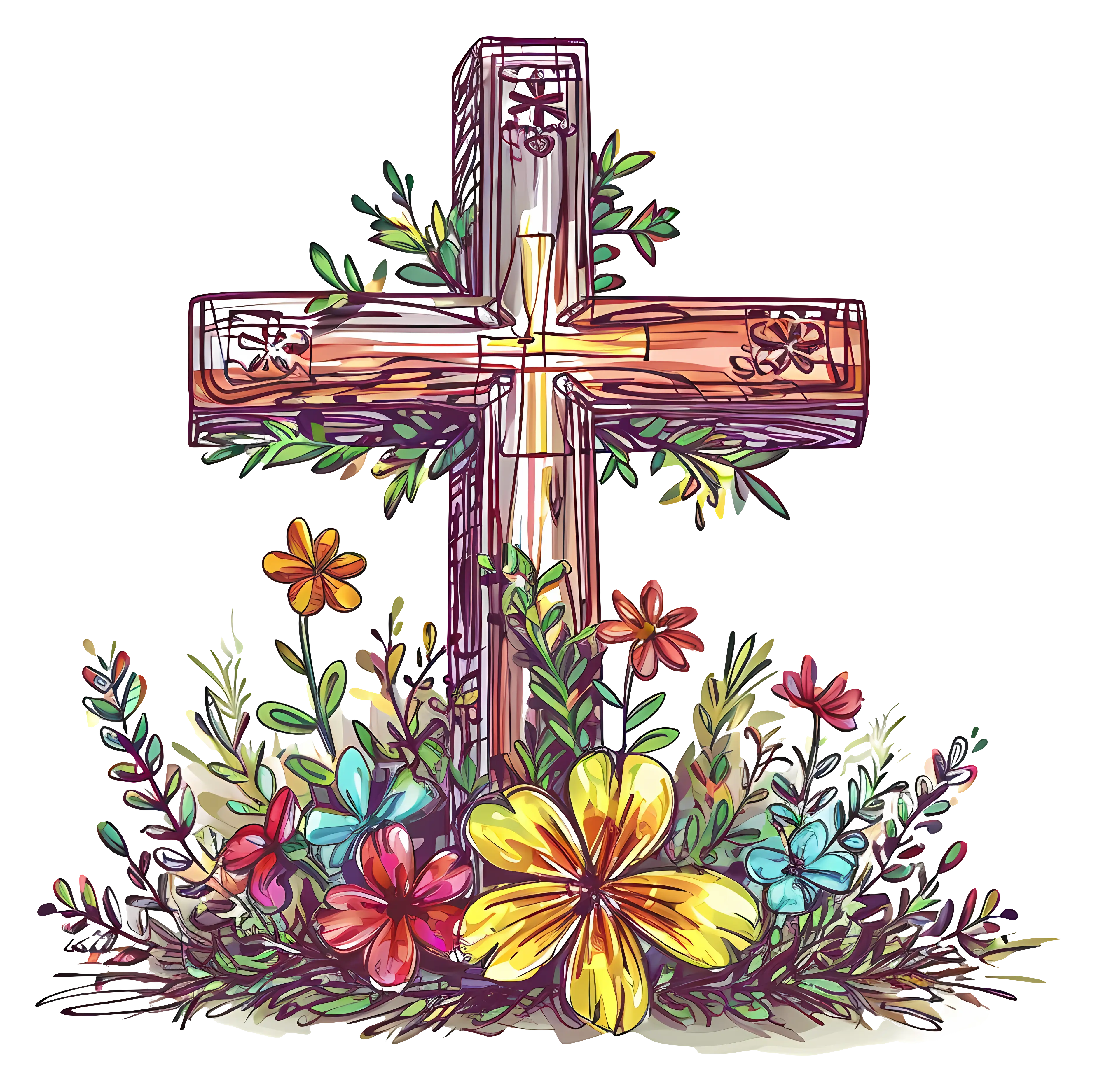 Wooden Cross with Flowers