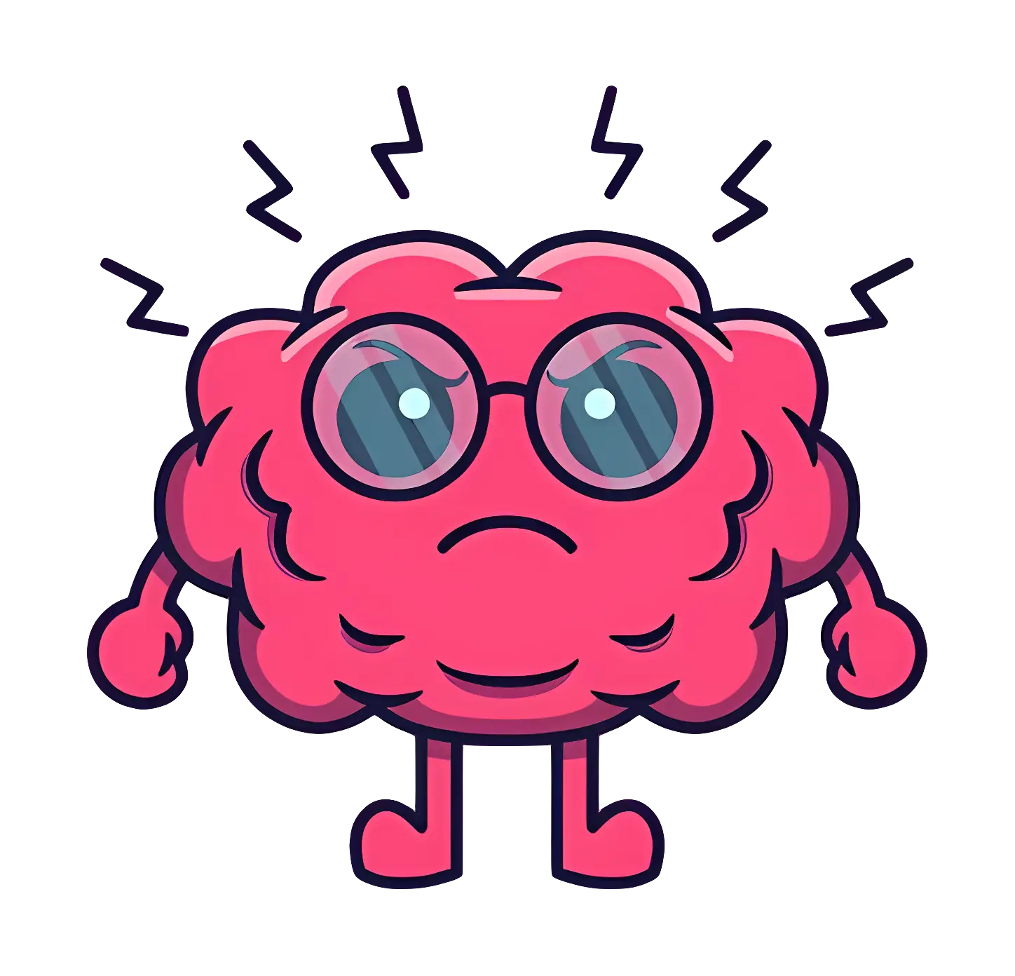 Angry Pink Brain Cartoon with Glasses