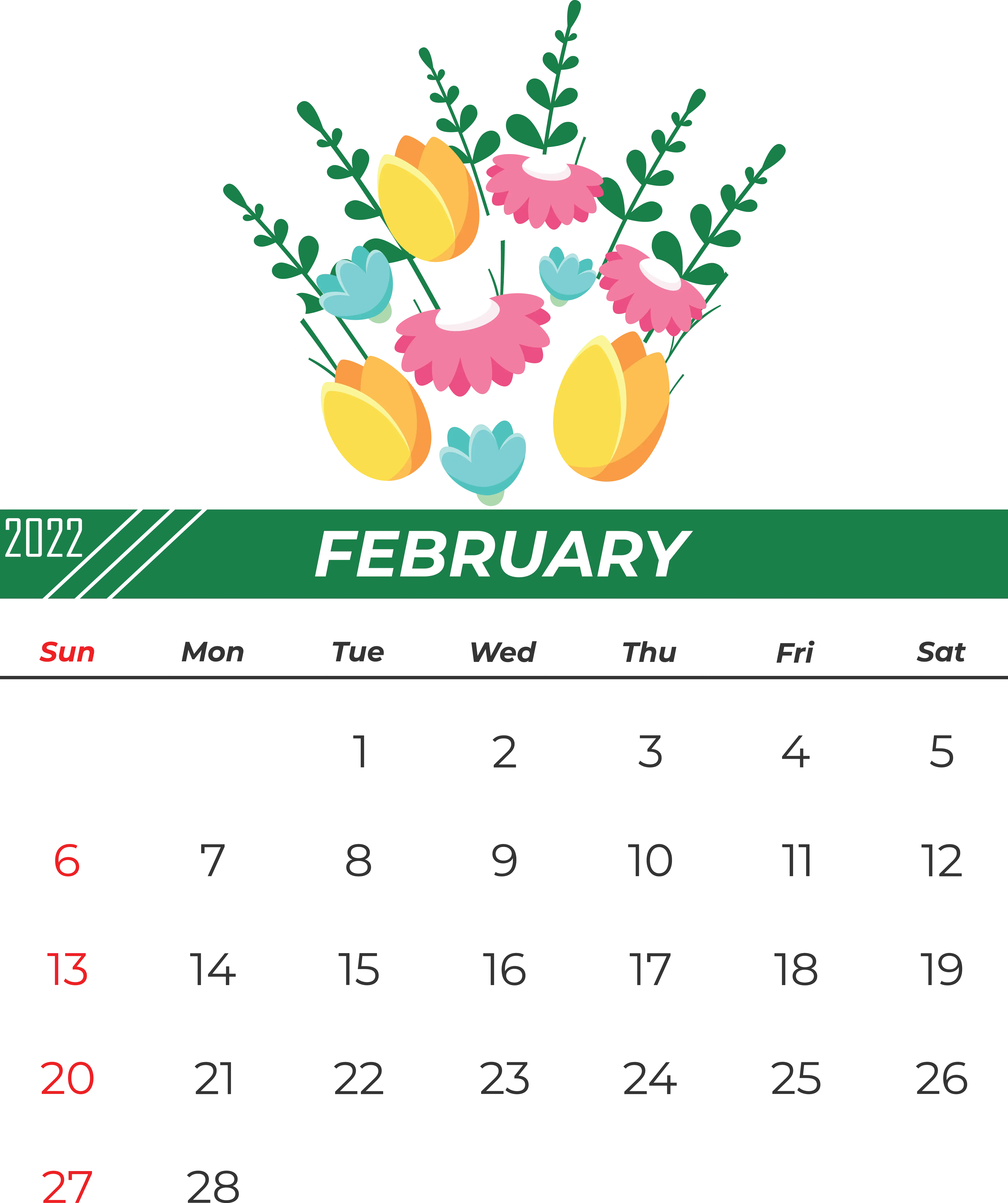 February 2022 Calendar with Floral Design